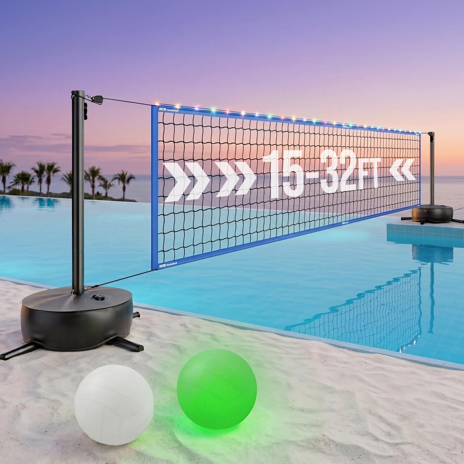 Haokelball Filet de Volleyball de Piscine réglable 4,6 m à 9,8 m avec 2 Ballons Pompe Sac