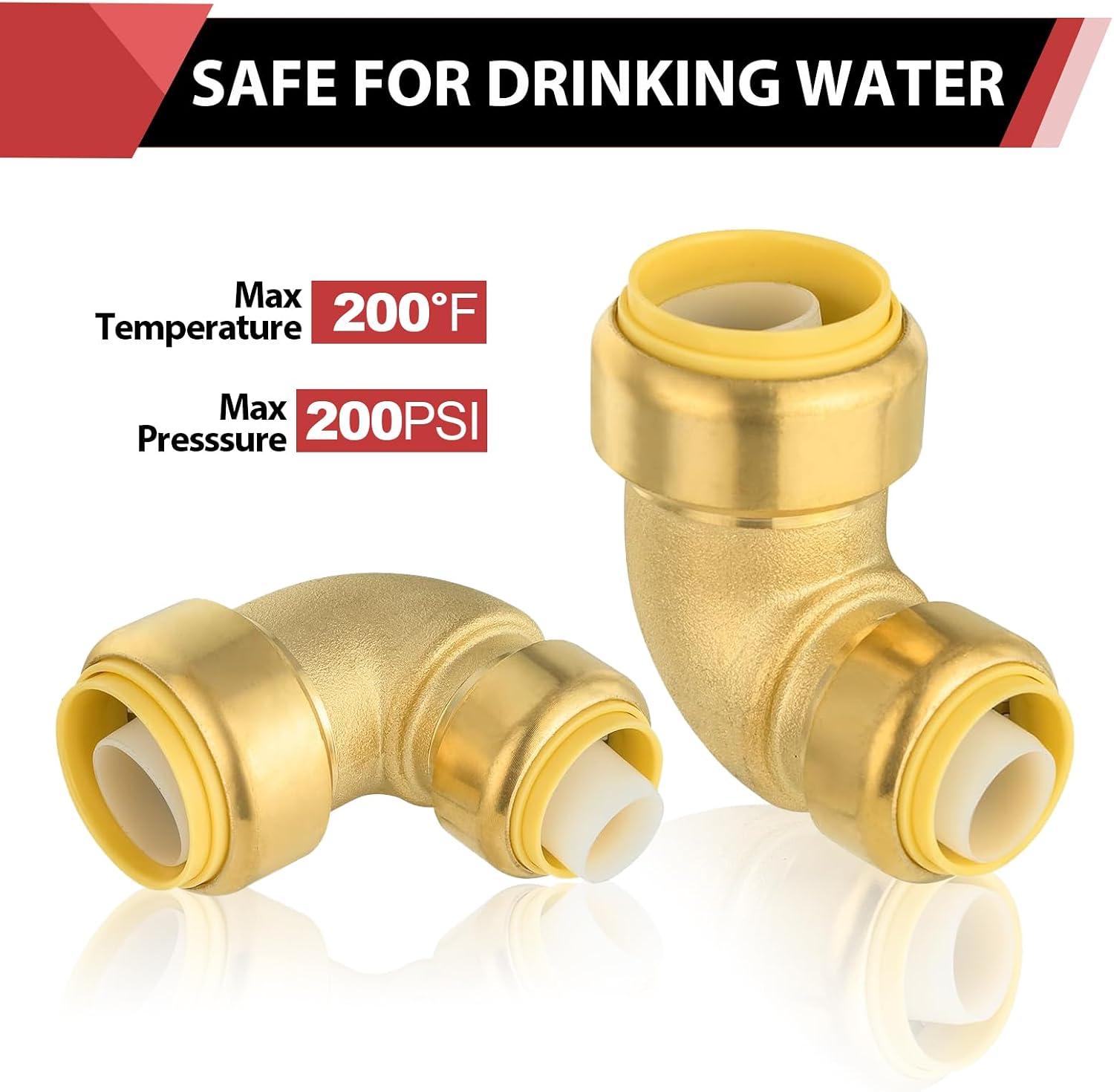 EFIELD Push Fit 1"x 3/4" Reducing Elbow, Push-to-Connect Plumbing Brass Fitting for Copper, Pex, CPVC with 2 Disconnect Clips,(PF146)