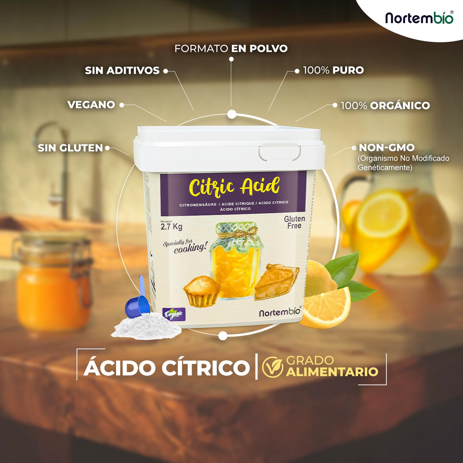 Nortembio Ácido Cítrico Alimentario en Polvo 5,2 kg – Pureza Gourmet Aditivo Culinario 100% Natural para Repostería, Bebidas y Conservas Caseras. Incluye eBook GRATIS