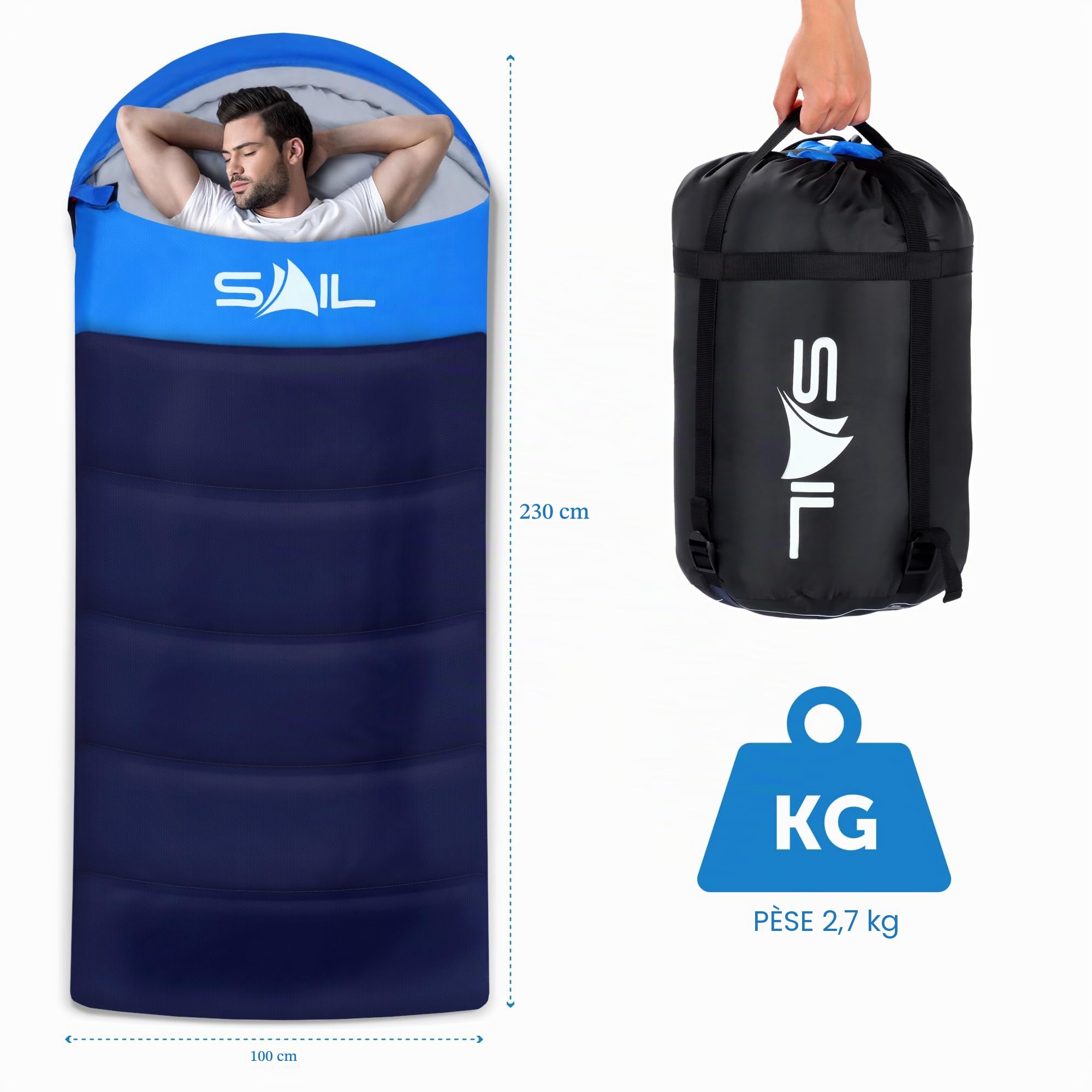 SAIL Sac de Couchage XL Extra Large pour Grandes et Grandes Personnes 3-4 Saisons 1,6 kg à 2,7 kg, léger, imperméable, Utilisation en intérieur et en extérieur pour Adultes pour la randonnée, la