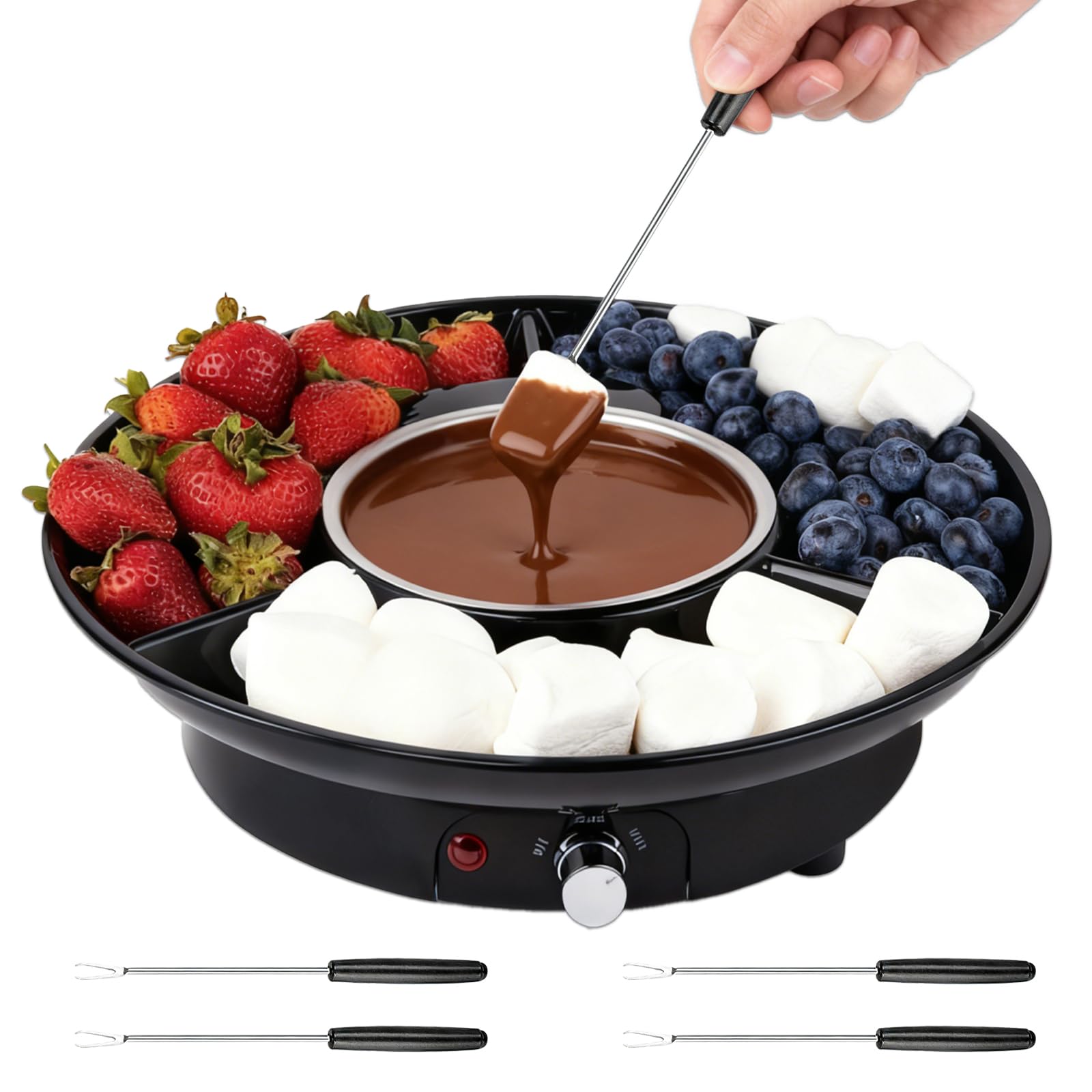 Elektrisches Schokoladen Fondue Set, 280ml Schokoladen Pot mit 2 Temperaturstufen, abnehmbarem Aluminiumtopf, Servierschale & 4 Gabeln, Perfekt für romantische Abende