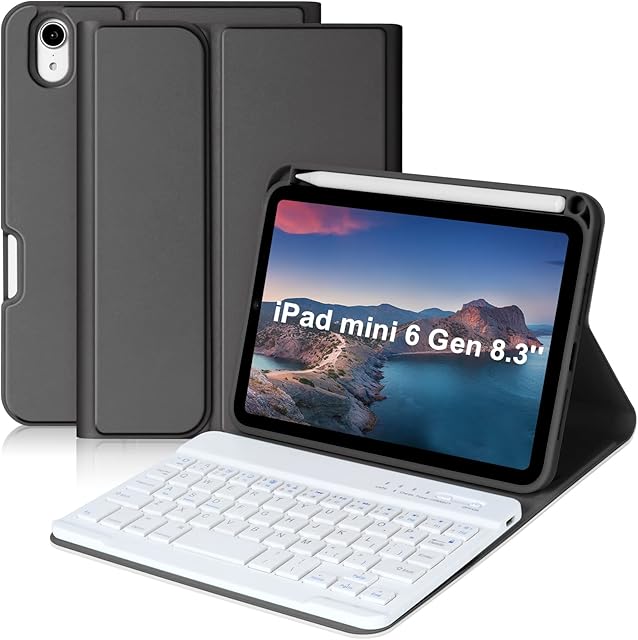 Keyboard Case for iPad Mini 6th Generation 8.3 Inch 2021 Protective Case with Detachable Wireless Keyboard Slim Leather Cover with Pen Holder & Auto Wake/Sleep for iPad Mini 6th Gen 8.3 Inch(Black)