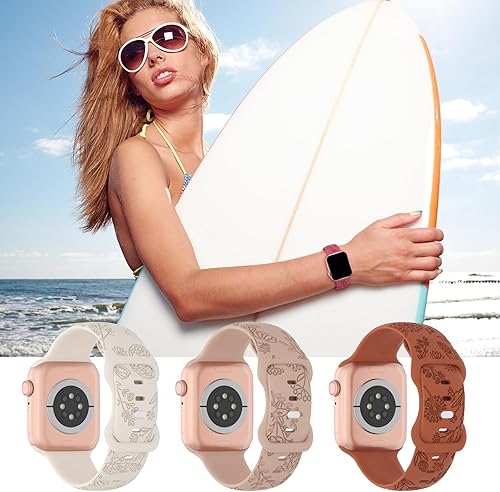 Miniatura 4 de Paquete de 3 correas de silicona grabadas florales compatibles con Apple Watch Band de 1.496 pulgadas, 1.575 pulgadas, 1.614 pulgadas, 1.654