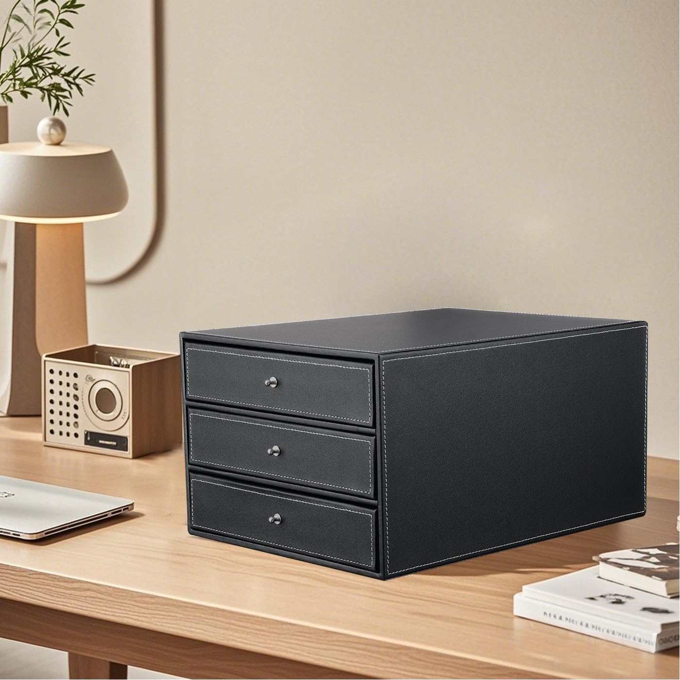 KINGFOM 3-Drawer 3-Layer Wood Structure Leather Desk Filing Cabinet File/Document Holder Organizer Storage Box (style B black)