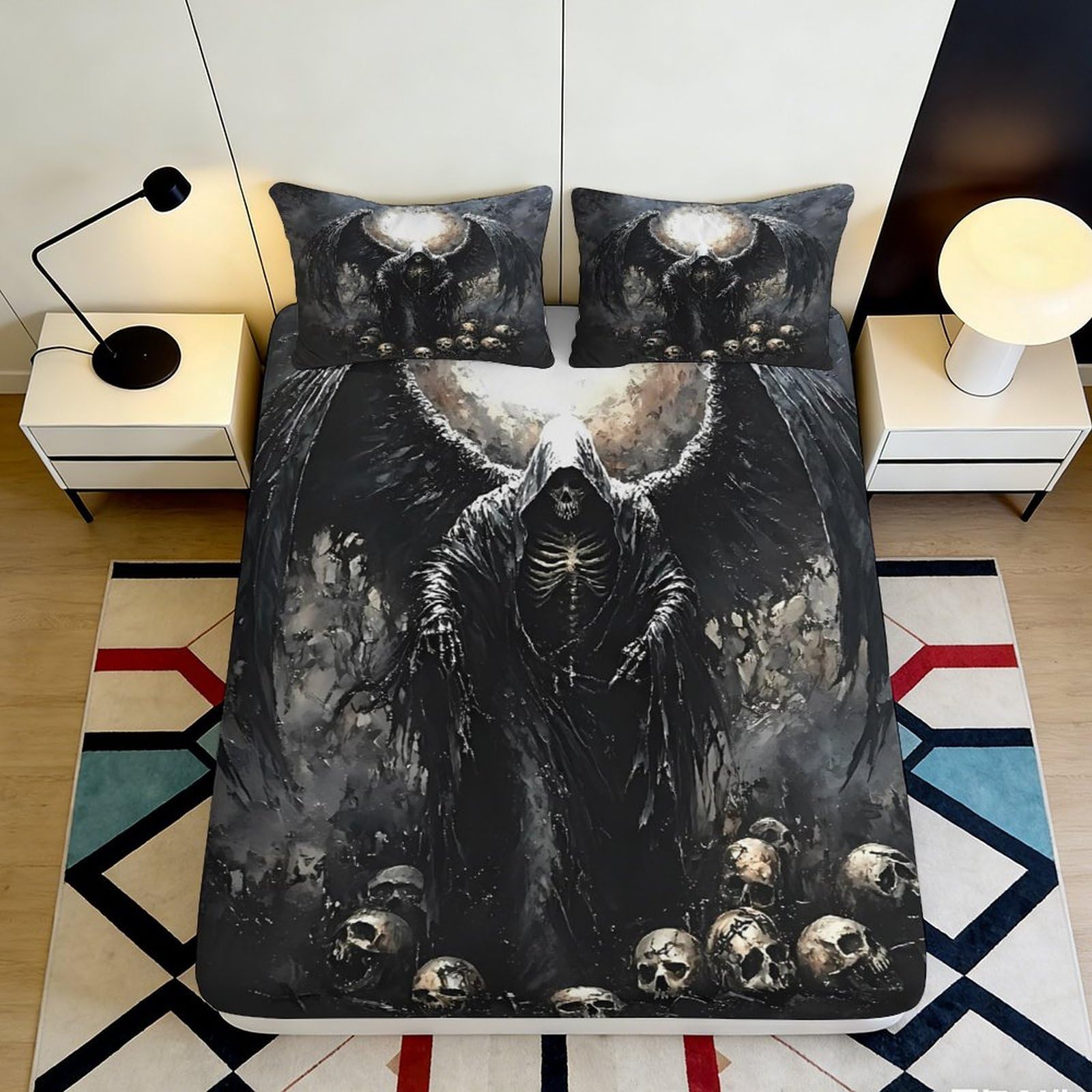 3D Printed Grim Reaper Fitted Sheet Microfiber Black Gothic Skull Mattress Cover Anti-Slip Bedding for Bedroom Dorm Decor 180x200x25cm