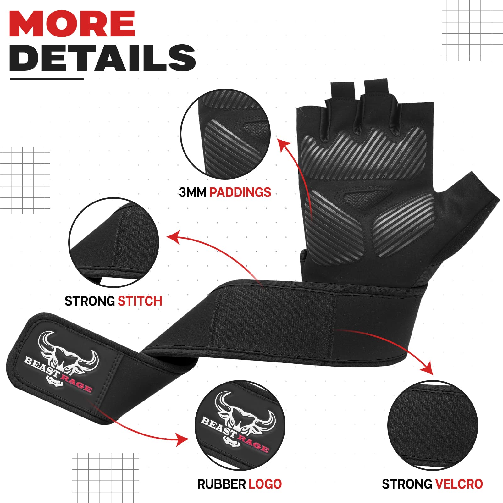 BEAST RAGE Guanti per sollevamento pesi con supporto polso e protezione palmo, traspiranti, nero