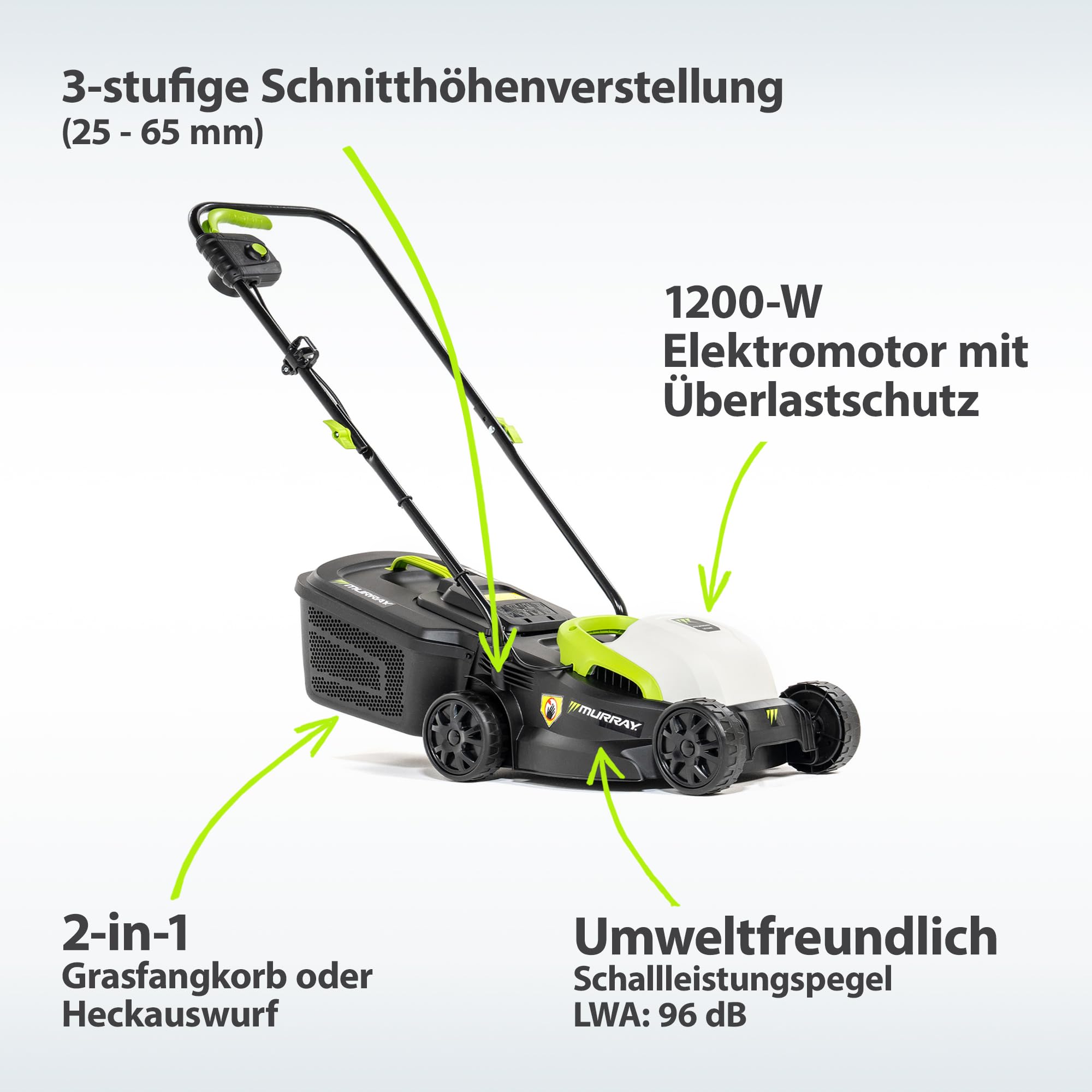 Murray Rasenmäher Elektro 2-in-1 LE320E - Kleiner Rasenmäher Elektrisch 1200W/32cm mit Grasfangbox 27L für Kleine Rasenflächen - Elektro Rasenmäher mit Ergonomischer Softgriff und Überlastschutz