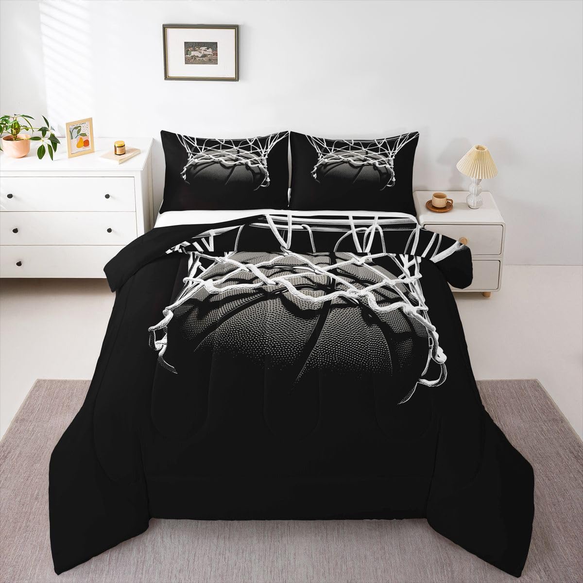 Feelyou 3D Basketball Comforter Set Full Size Ball Pattern Bedding Set for Kids Boys Girls Sports Theme Duvet Quilt Bedroom Decor Microfiber 3 Pcs with 2 Pillow Cases