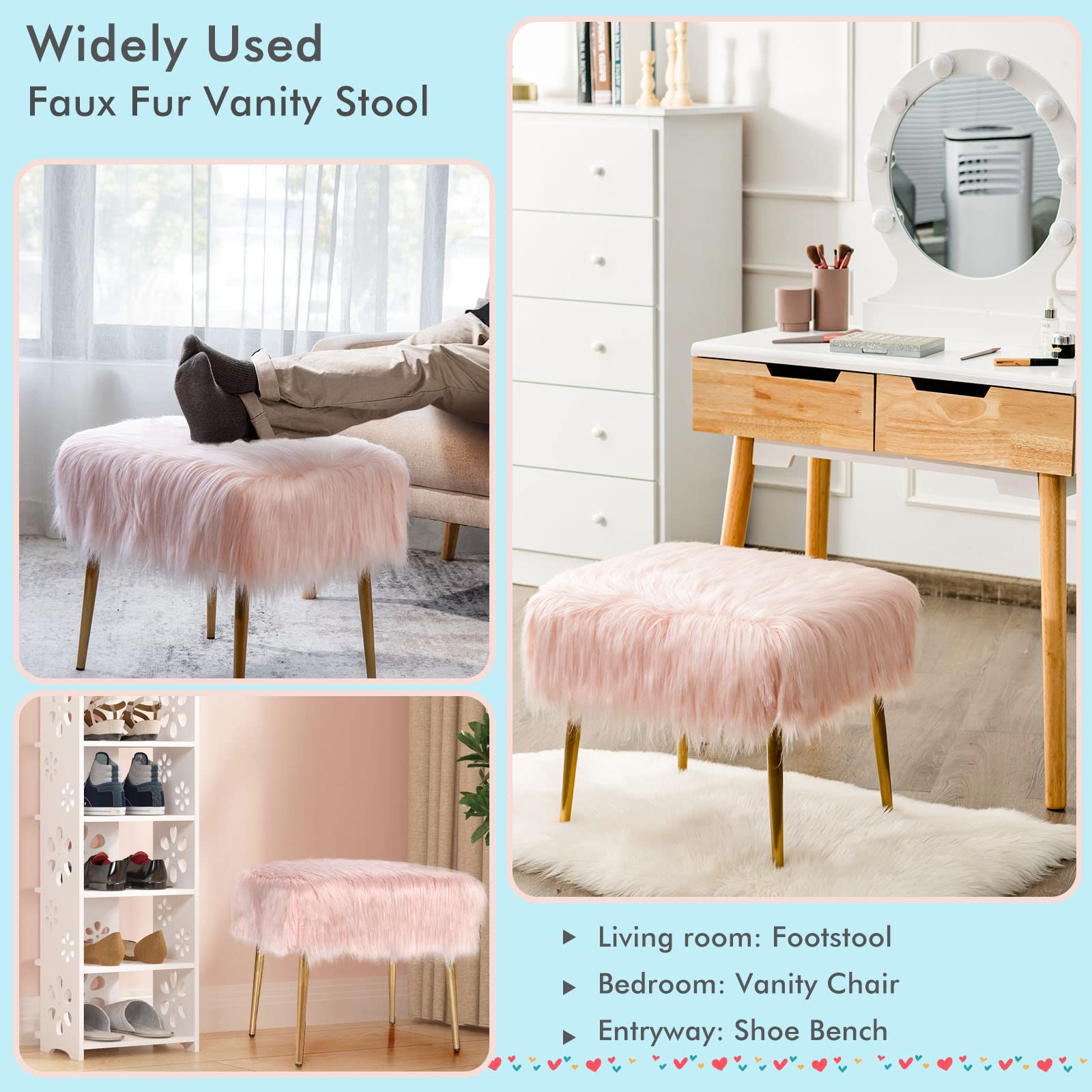 LIFEZEAL Taburete de tocador, Silla de Maquillaje de Piel sintética monderno Acolchado, Banco de Cama para Dormitorio, Pasillo, con Patas de Metal Dorado (51 x 41cm, Rosa)