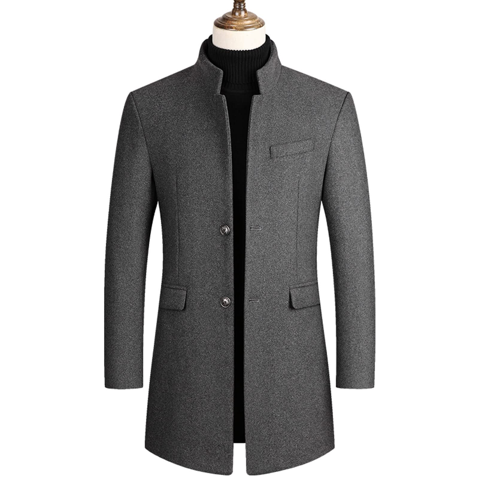 Abrigo de lana y gabardina para hombre | Diseño de longitud media de un solo pecho con cuello alto y tela de lana gruesa | Chaqueta cálida de invierno para un estilo casual elegante, ropa ajustada