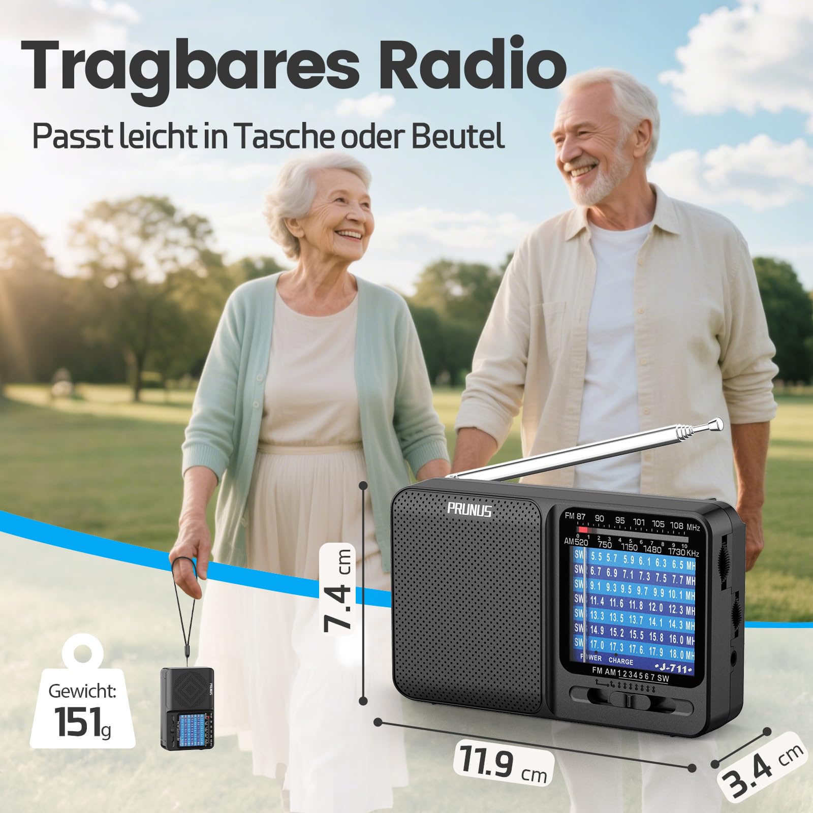 PRUNUS J-711 FM/AM/SW Weltempfänger Radio mit Akku, Radio Batteriebetrieben AA-Batterien & USB-C-Laden, Transistorradio mit Exzellentem Empfang, Taschenradio mit Lanyard zum Joggen, Reisen (Schwarz)