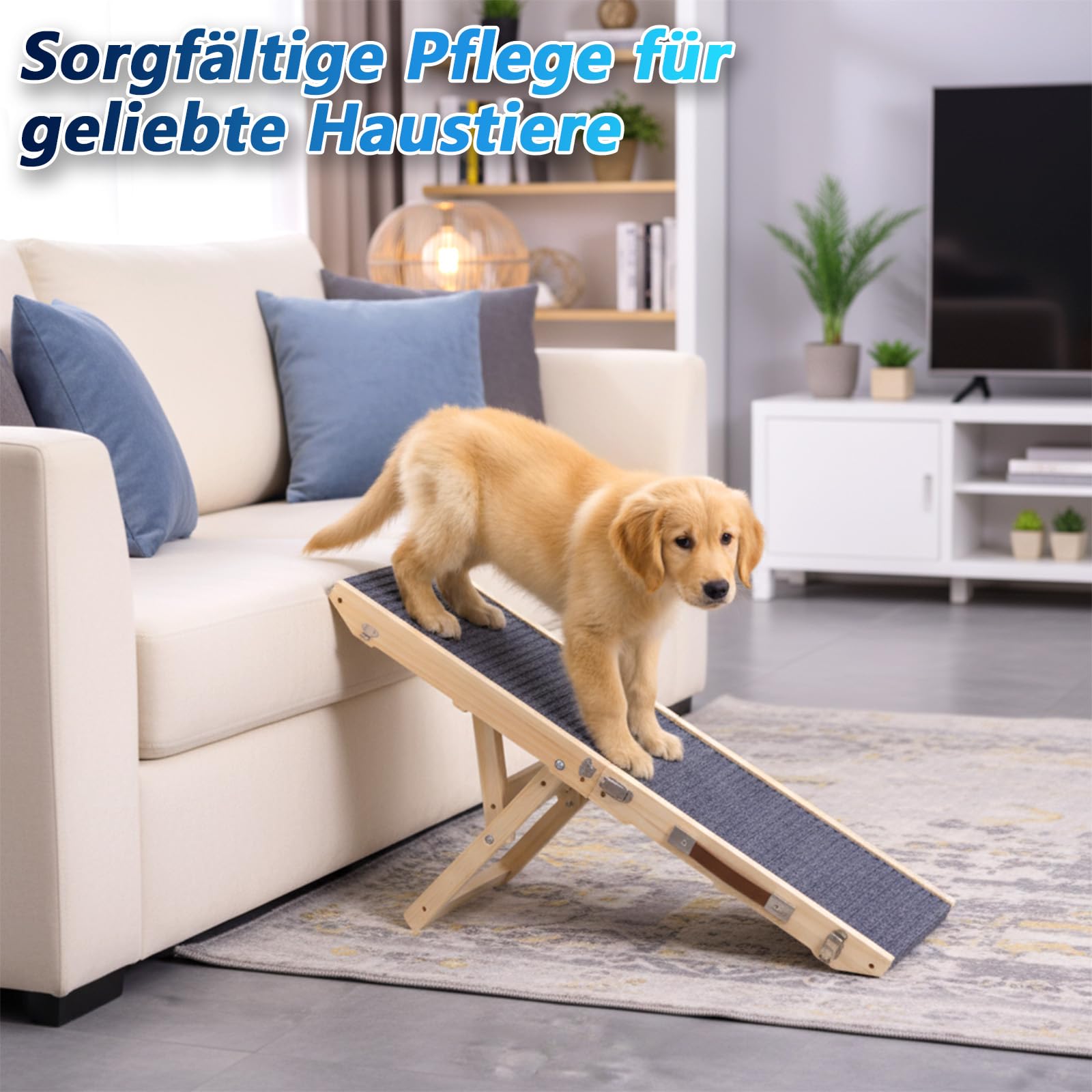 Rampe pour chien en bois, Escalier pour chien 4 marches Réglable de 24,5 cm à 45 cm, Rampe pour chien avec coussin antidérapant pour canapé, voiture, lit, Rampes pour chien pliables pour