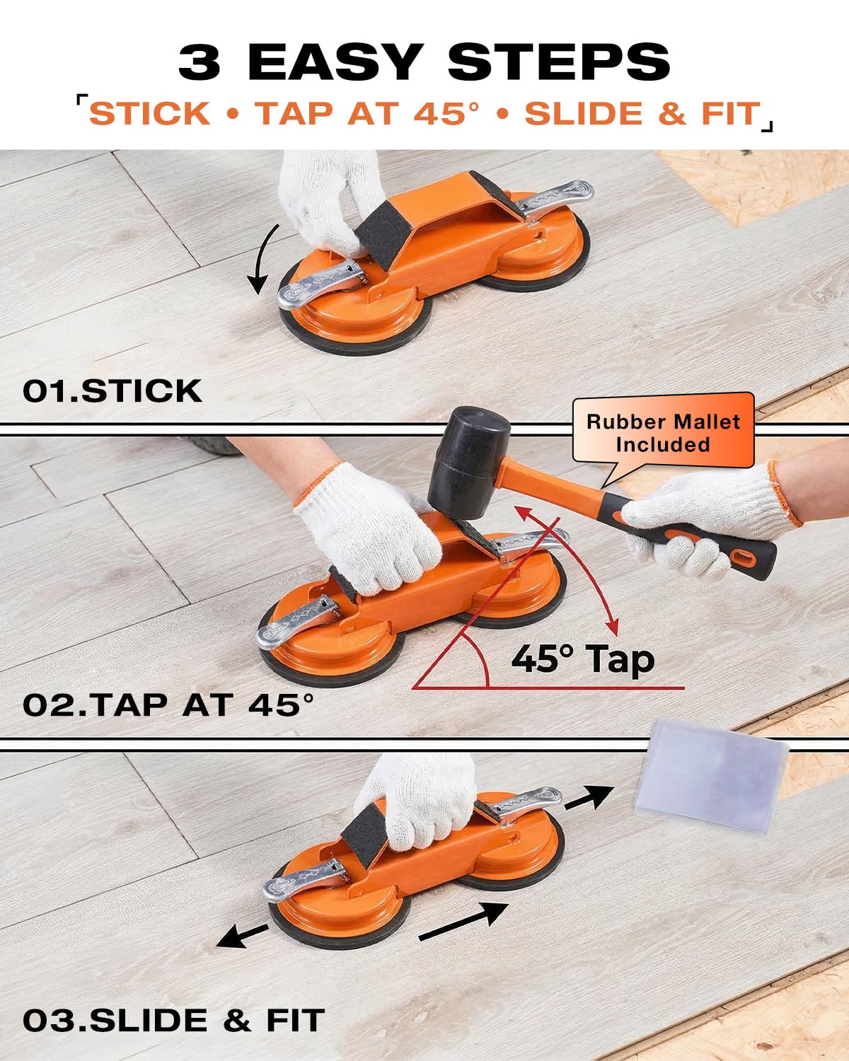 Saker Kit de herramientas y mazo para fijar huecos en el suelo, 10 almohadillas y guantes lavables, herramienta de ventosa para piso, herramientas de piso laminado para laminado liso (2 tipos de