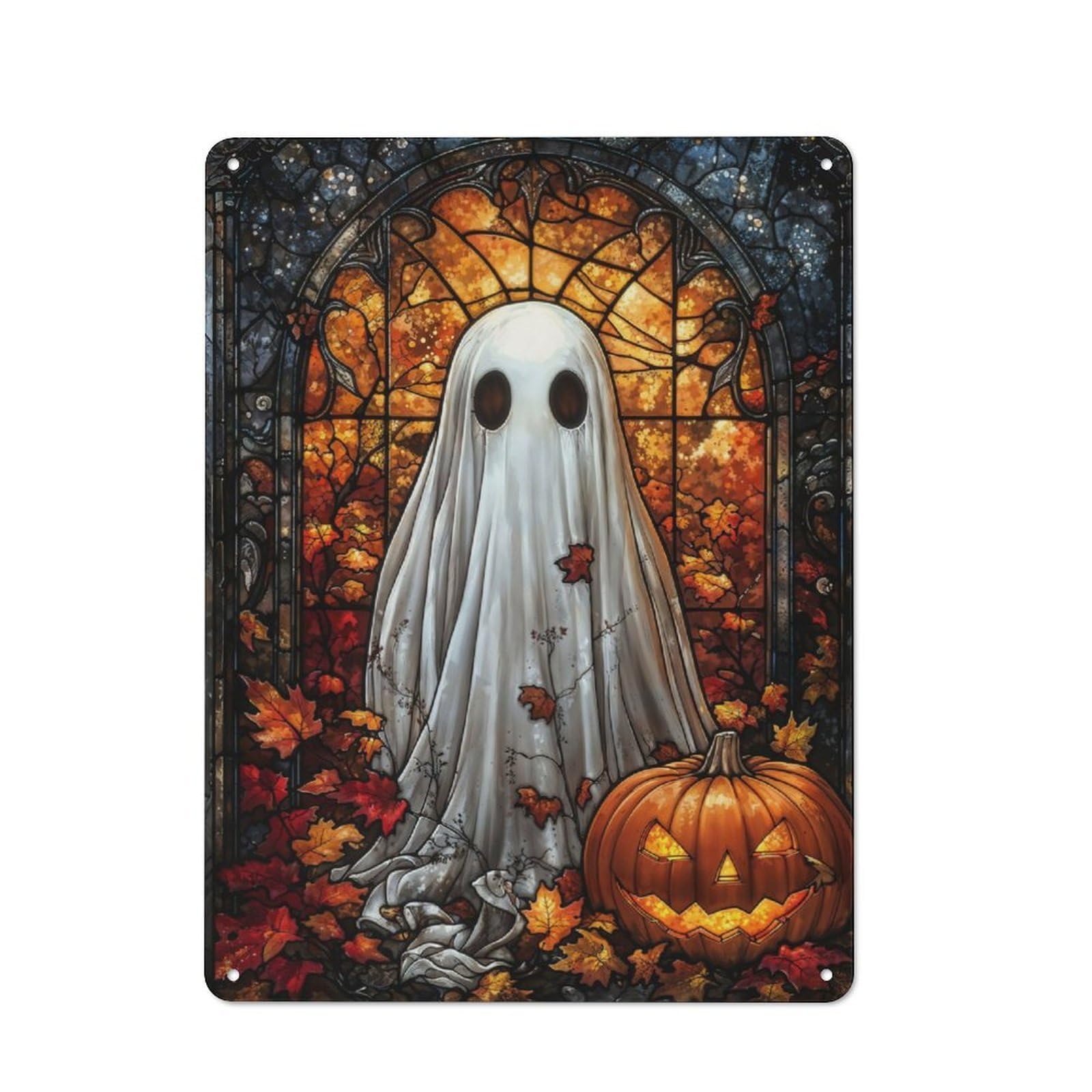 Junmoney Stained Glass Ghost Art Printed Metal Sign 40X30cm For Café Or Restaurant, New-Space Wall Decor For Café Owners And Decorators