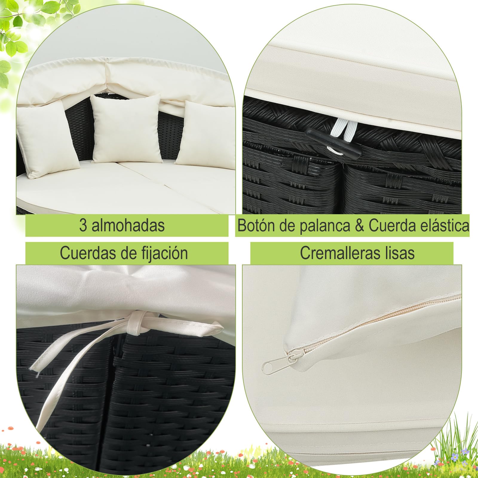 COSTWAY Tumbona Isla de Ratán Jardin, Toldo Plegable, Isla de Ratán con Cojines y Almohadas, Protección UV, Cama Isla Exterior (Blanco)
