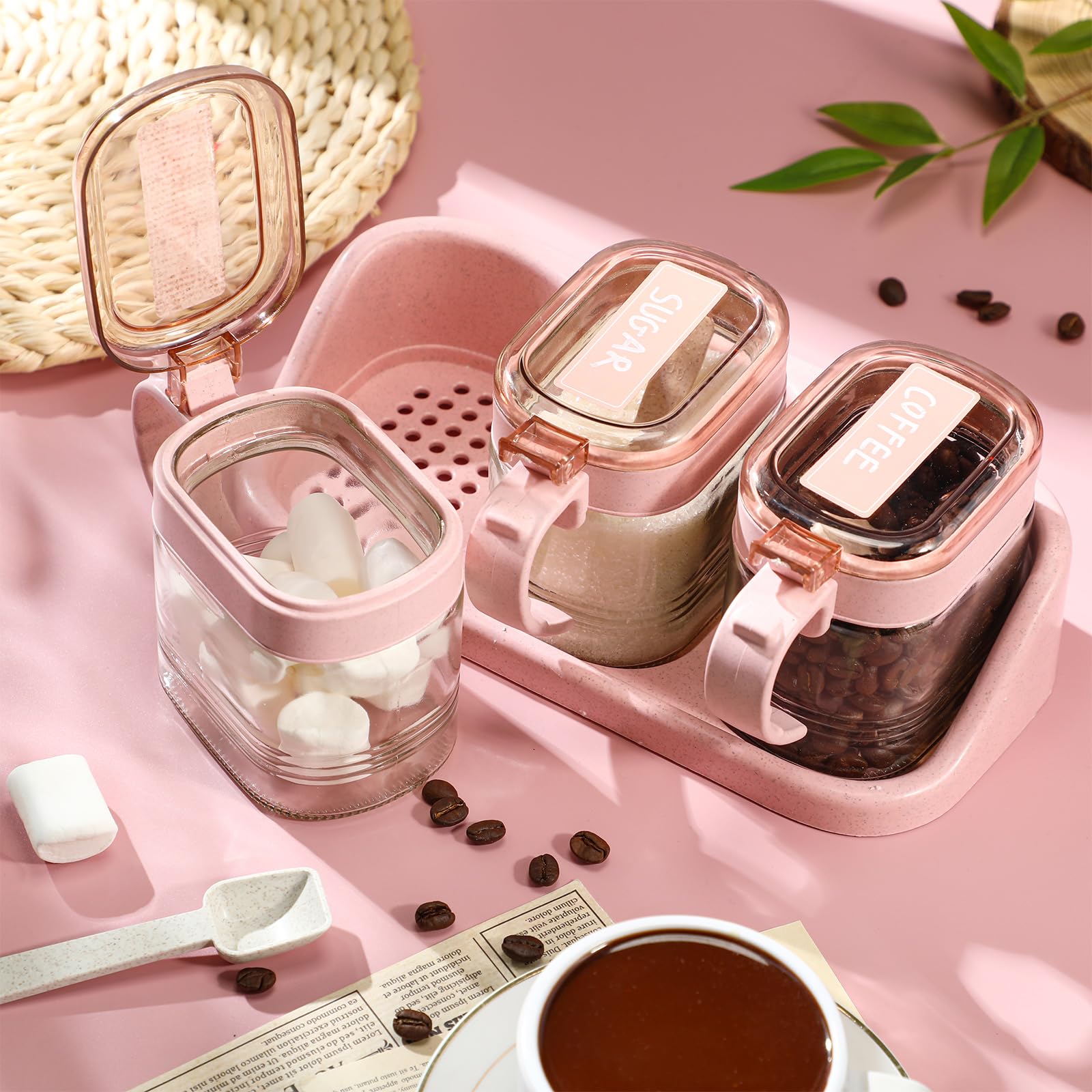 Suclain Juego de 3 tarros de condimentos de vidrio rosa para especias de cocina con base para granos de café y azúcar con etiquetas adhesivas, juego de tarros de café y azúcar de vidrio rosa con