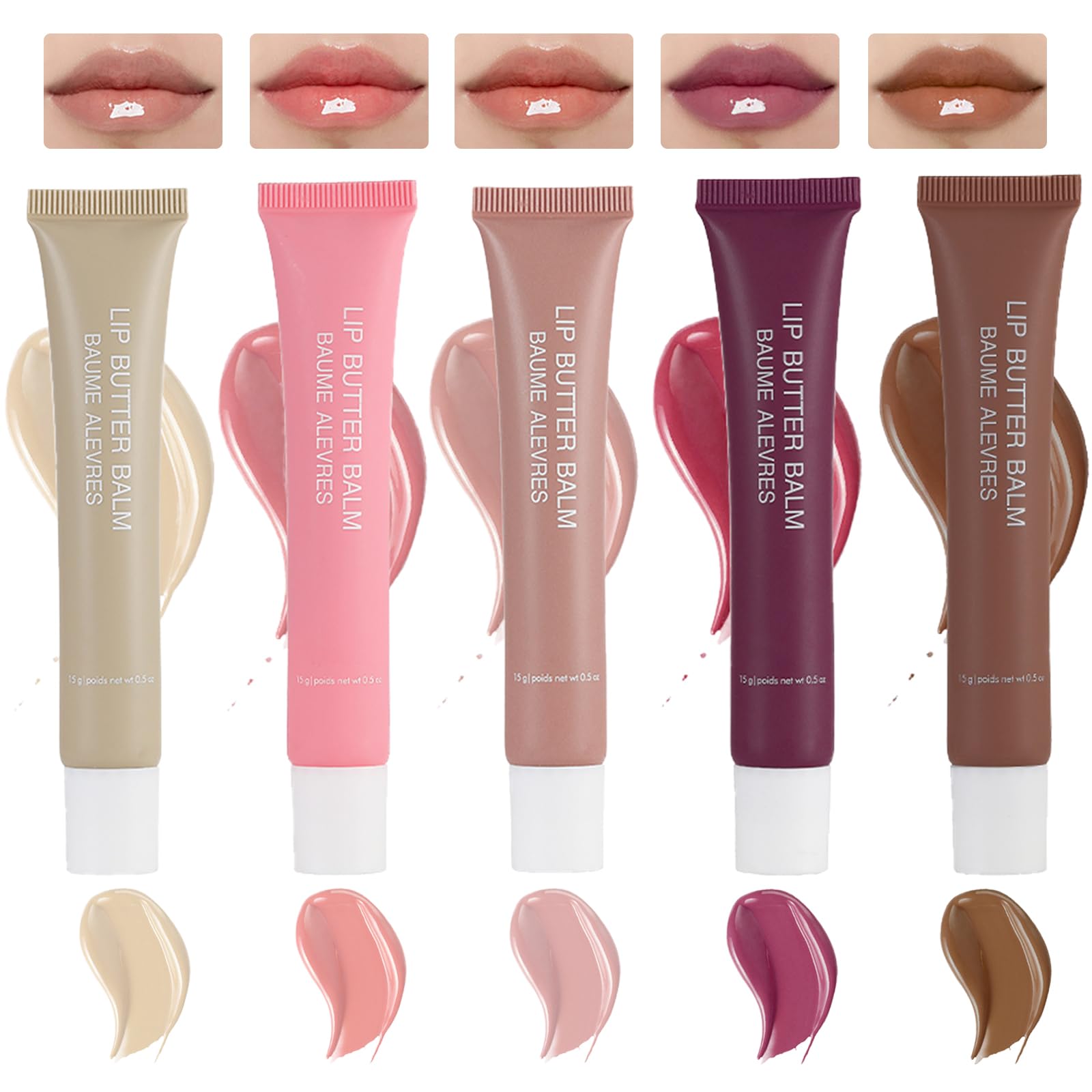 5 Colors Lip Butter Balm Hydrating Lip Gloss, High Shine Nude Colors Lipgloss, Lip Tint Finish Lip Glow Oil, Plumping Lip Gloss for Women