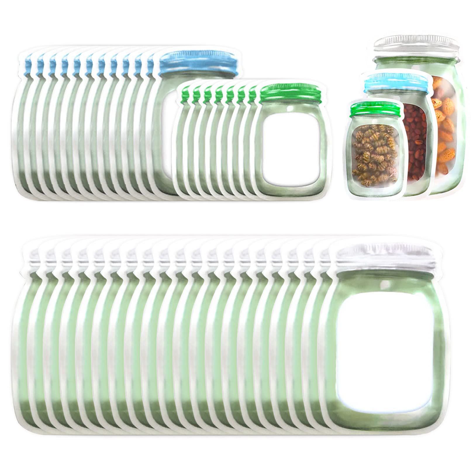 Enkrio 40 Pcs Reusable Mason Jar Zipper Bags Airtight Food Storage Freezer Snack Bags for Kitchen Travel Camping (8S 12M 20L)