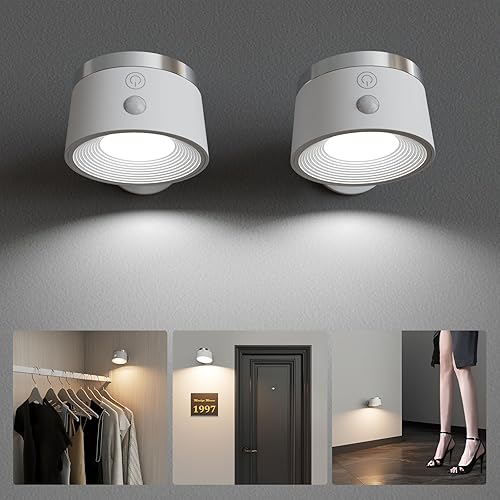 Miniatura 1 de Speclux Apliques de pared de fuente de luz con sensor de movimiento, luces LED inalámbricas de noche de pared con rotación de 360 y recargable, 3