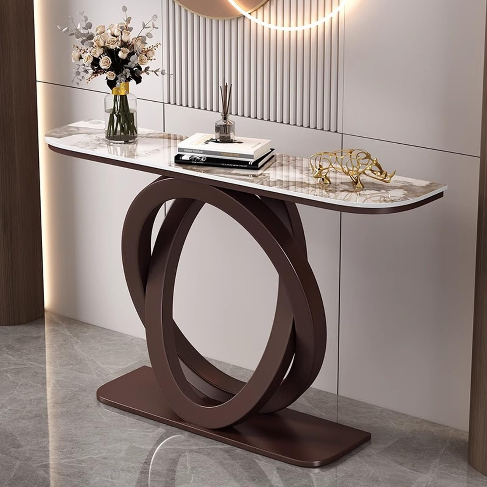 MESCXTY Console Table, Modern Entryway Table with Oval Frame, Narrow Faux Marble Accent for Living Room, Hallway, Entrance(39 Inch, & Brown)