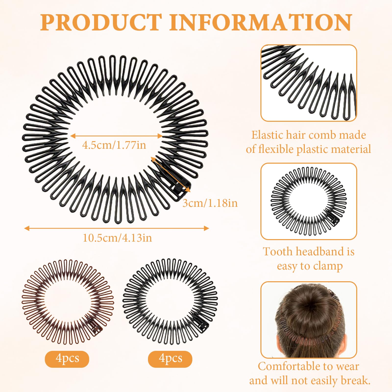 8 PCS Zig Zag Headbands and 8 PCS Ponytail Rings, Plastic Tooth Headband, Non-Slip Elastic Spiky Headband - Image 3