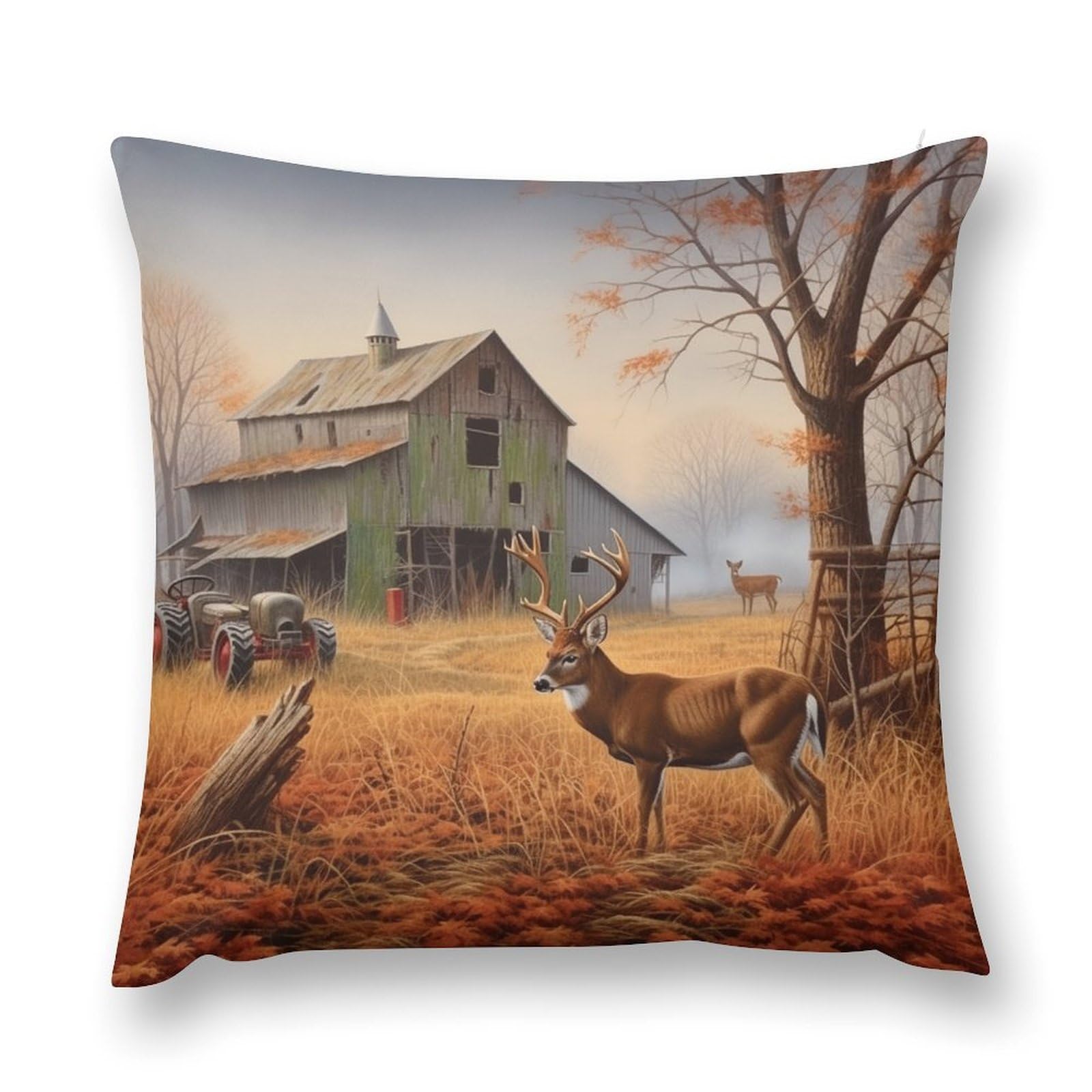 moderw Retro Deer Farm Throw Pillow Cover Rustic Old Barn Cottage Cabin Couch Pillowcases Autumn Farms Village Landscape Tractors Cushion Case Decoration for Home Sofa Bed 18x18inch