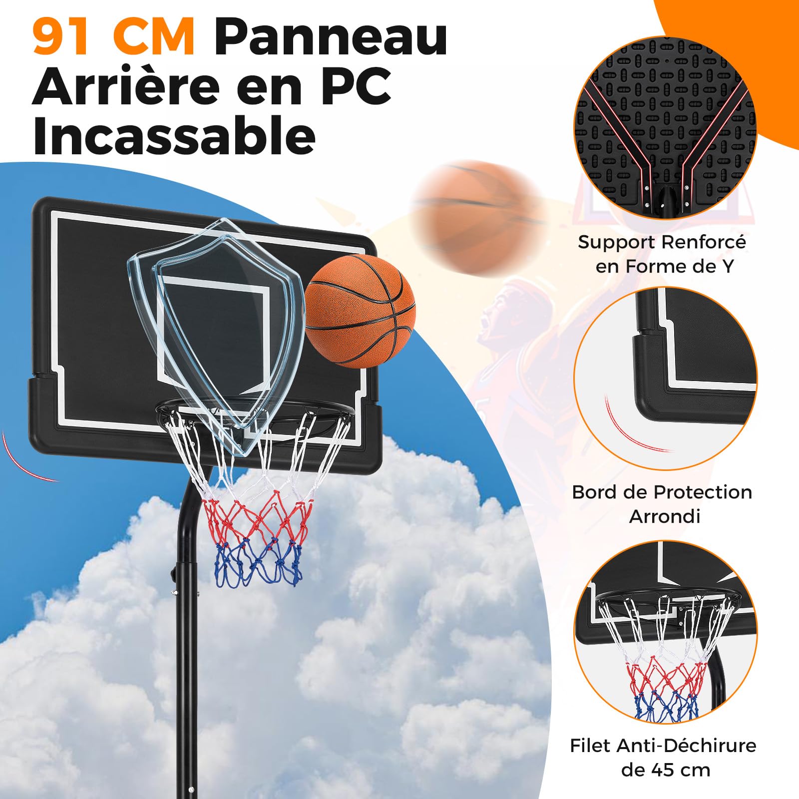 GOPLUS Panier de Basket Mobile, Hauteur Réglable (270-320CM) avec Base Remplissable, Panneau en PC Incassable, Panier de Basket Portable Intérieur/Extérieur & Système de But pour Enfants/Jeunes
