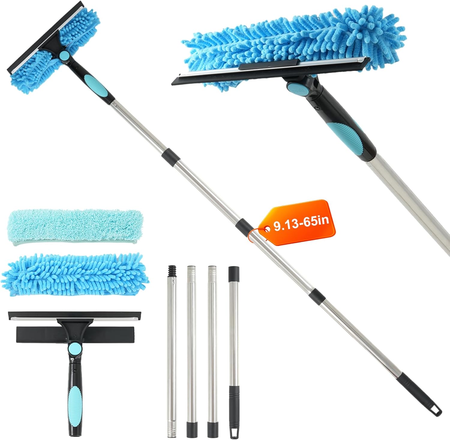 65” Window Washing Kit with Extension Pole, 2-in-1 Window Cleaning Kit with Scrubber and Rotating Head, Window Cleaner Tool for Shower Rooms, Glass, Floors, Tiles, Walls, Car Windshields 65” Window Washing Kit with Extension Pole, 2-in-1 Window Cleaning Kit with Scrubber and Rotating Head, Window Cleaner Tool for Shower Rooms, Glass, Floors, Tiles, Walls, Car Windshields
