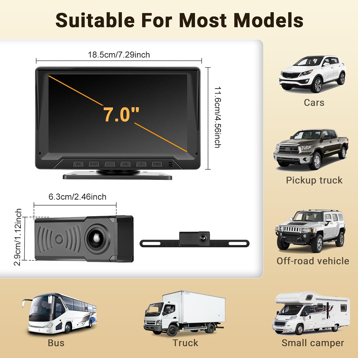 Hikity 7" Backup Camera Waterproof with Radar Detection/Night Vision/Reversing Guidelines, Front/Rear View Monitor Kit for US All Car Models - 12V Lighter Power, 170° Wide-Angle Lens