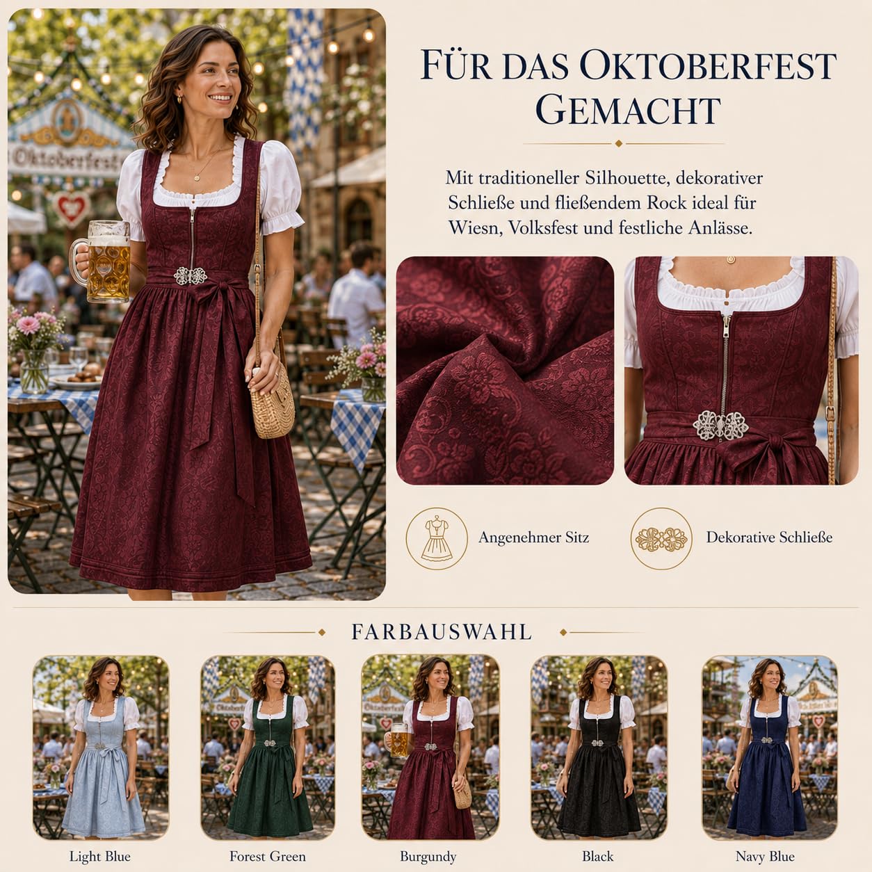 Dirndl Damen - 2 Teilig Oktoberfest Damen Outfit Midi Dirndlkleid Trachtenkleid inkl. Trachtenrock Dirndlschürze, Dirndl Kleidung Trachtenmode Kleid Schlicht Tracht Dirndlkleid Schürze Spitze Kleid
