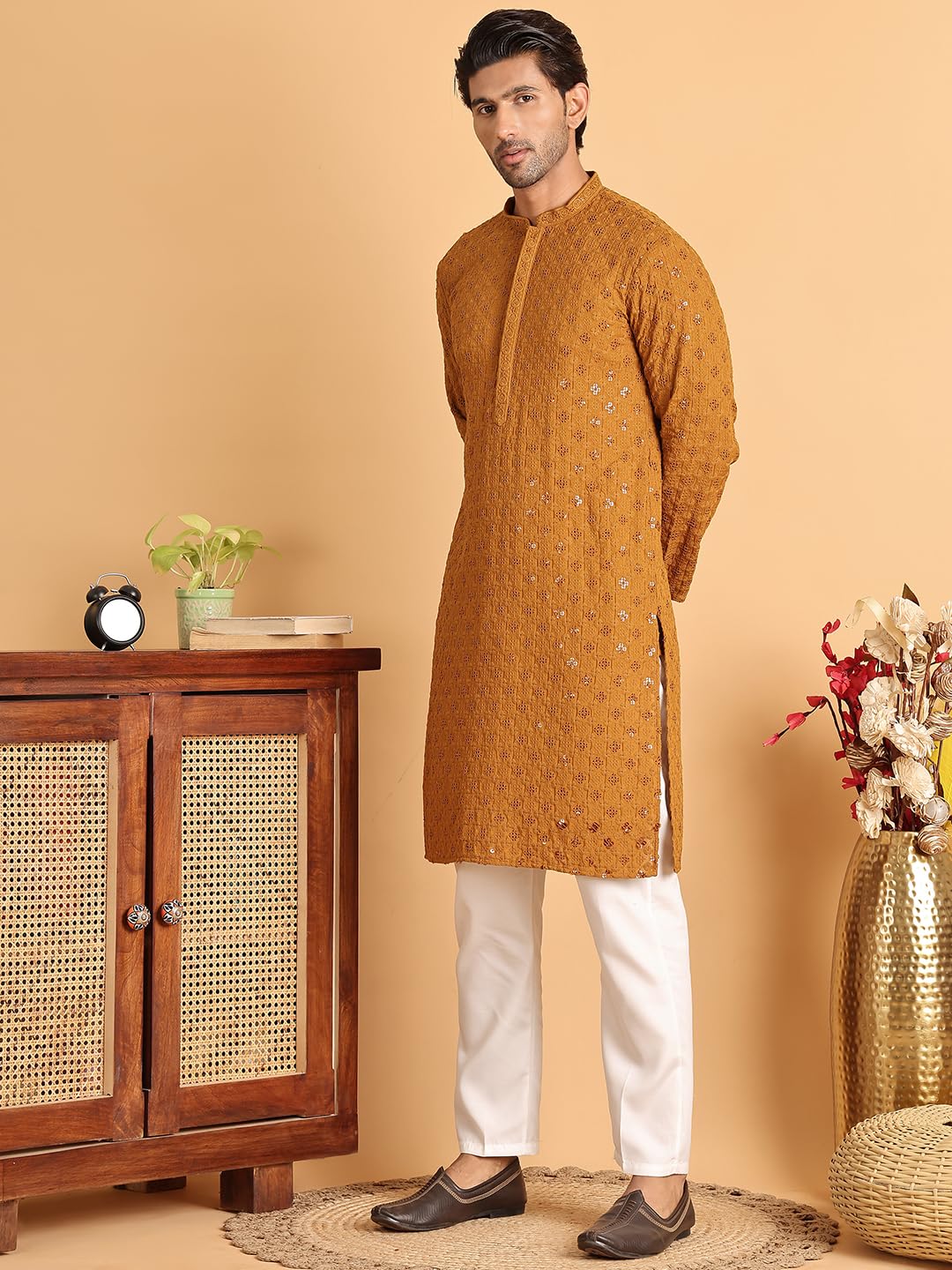 Jompers Mustard Embroidered & Sequins Straight Kurta Set For Men (Mustard, L)