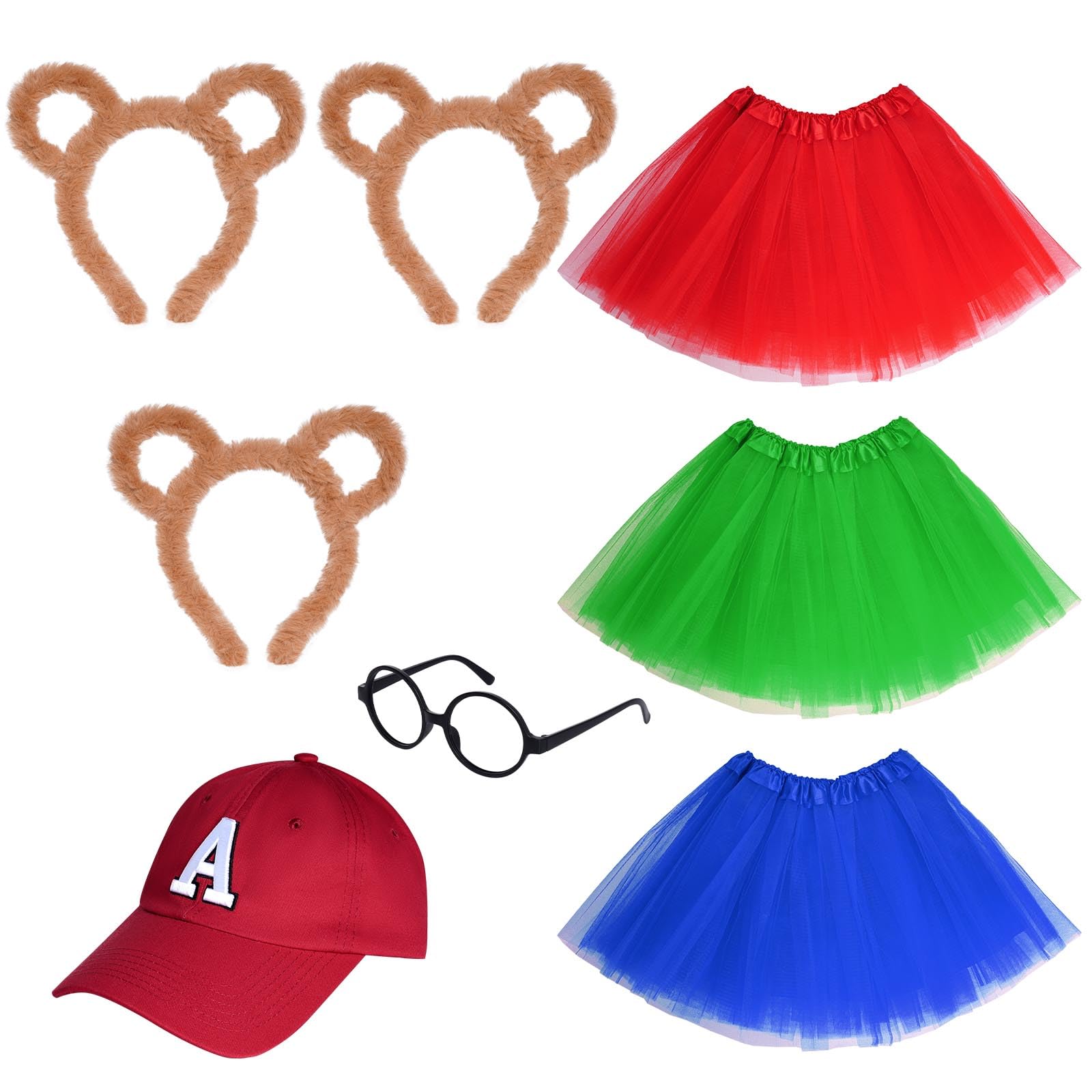 Photo 1 of **PARTIAL SET/ MISSING PIECES *** Yolyoo 8 Pieces Chipmunks Costumes Set Include 3 Chipmunk Ears Headband 3 Tutu Dress 1 Black Round Frame Glasses for Halloween Party Animal Costume Accessories
