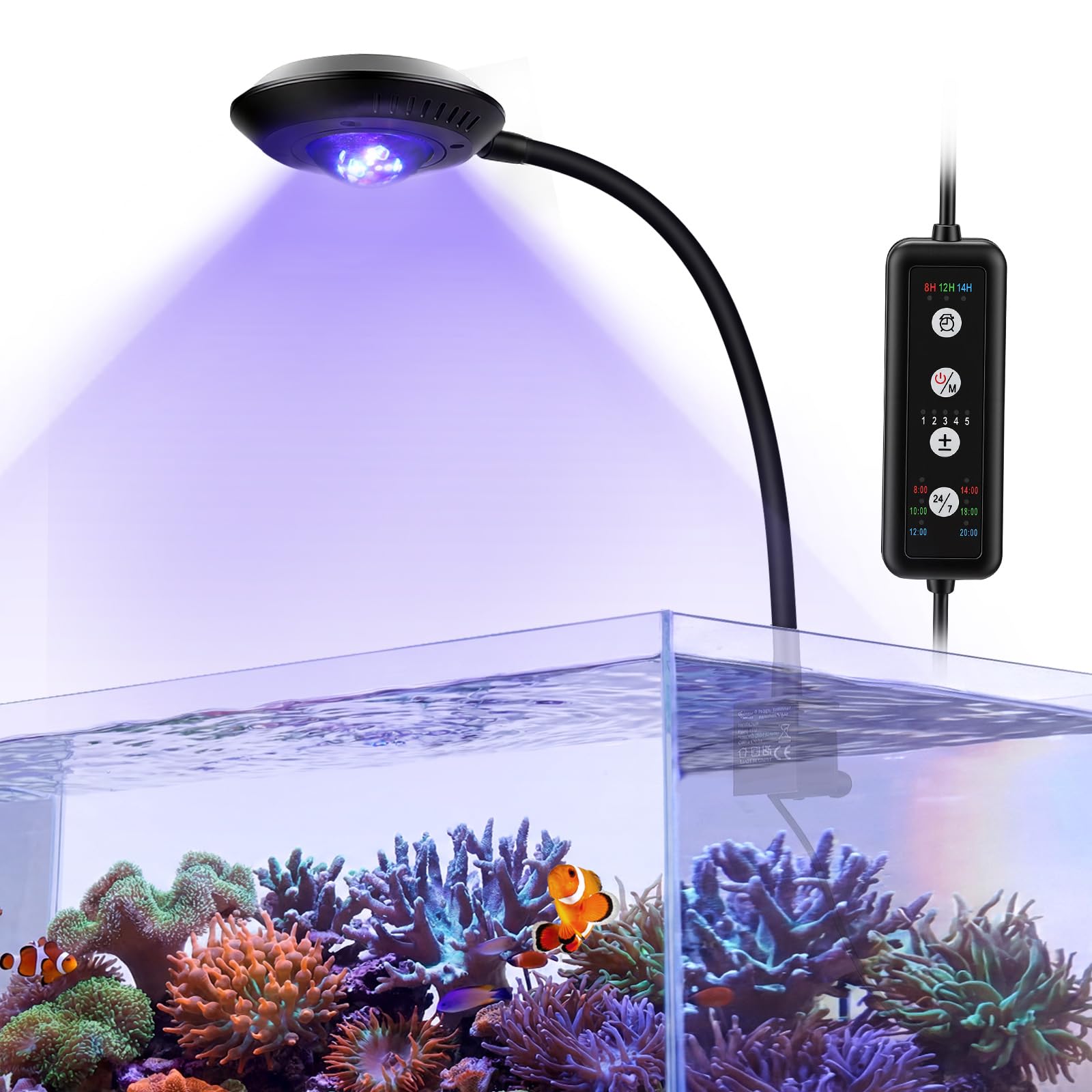 hygger Clip on Fish Tank Light, LED Aquarium Lights 20W, Blue Focused Reef Tank Light 24/7 Mode, 4 Modes 3 Timer, 360Β°Adjustable Goose-Neck, Marine Led Lights for Coral Aquarium Light for Saltwater