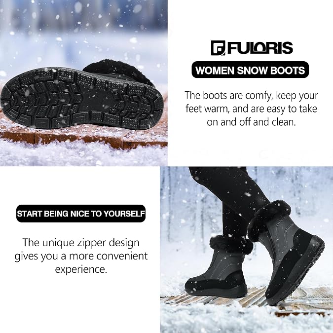 Fashion Winter Zipper Snow Boots for Women Women's Fur Lined Warm Outdoor Cold Weather Boot for Women Lightweight Non Slip (Grey, 7.5)