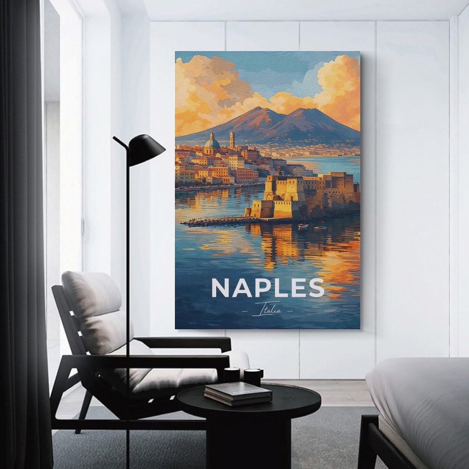 Junmoney Naples Italy Cityscape with Mount Vesuvius Hanging Wall Art, 20x30inch(50x75cm), for Gallery Wall Decor And Room Displays, Home Wall Art for Statement Displays