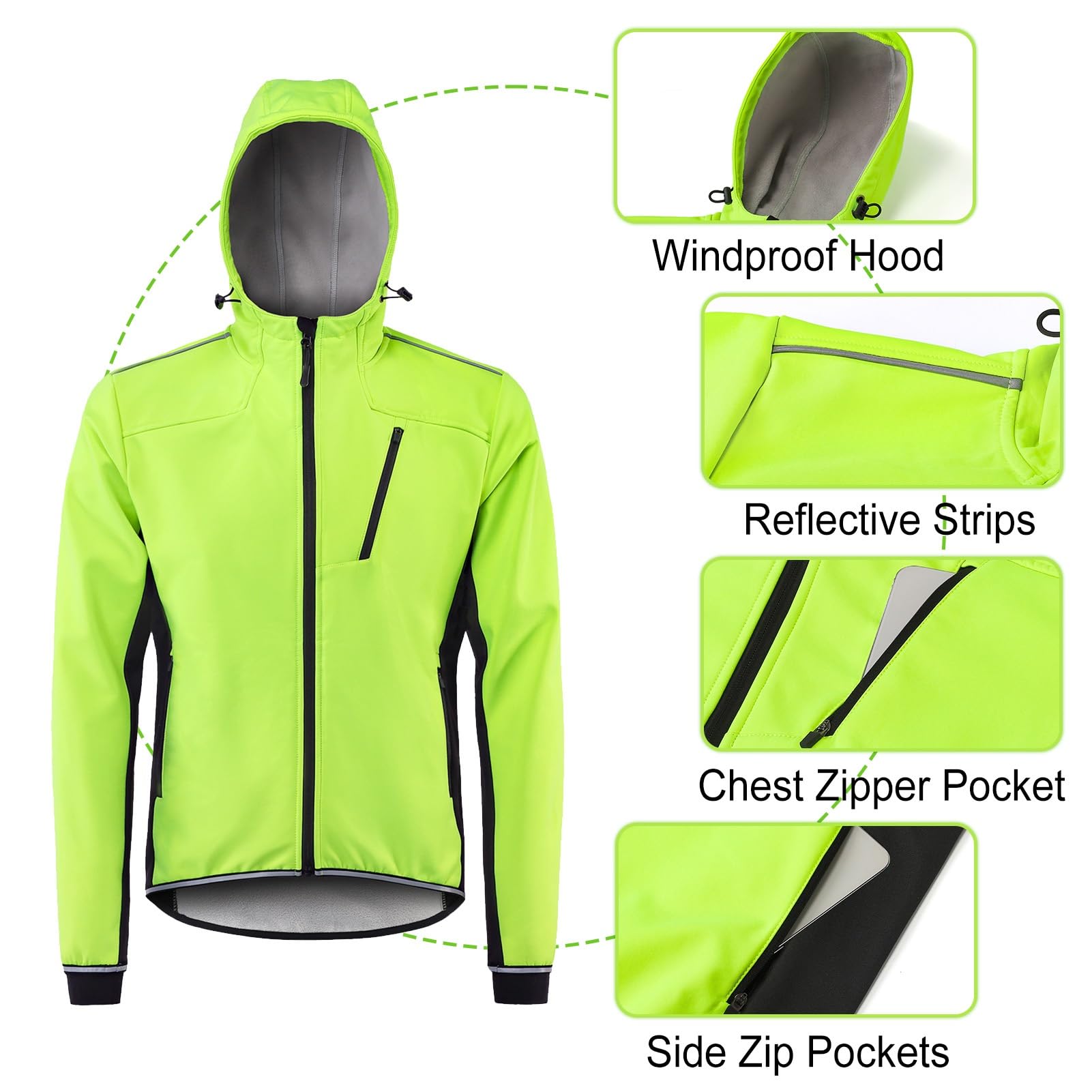 Zimowa ciepła męska kurtka rowerowa z kapturem, wodoodporna odblaskowa kurtka sportowa z polaru, kurtka outdoorowa softshellowa