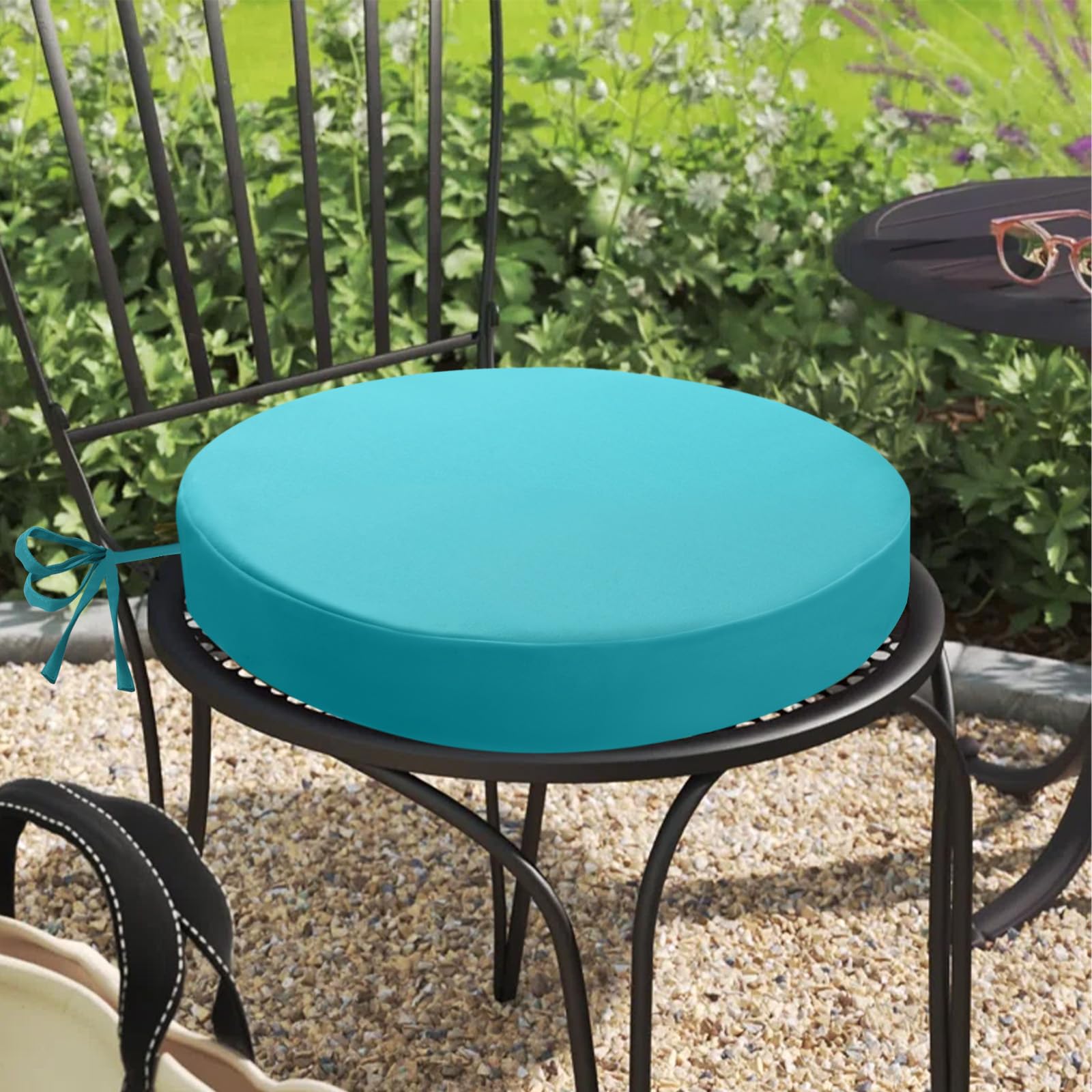 Outdoor Sitzkissen Rund 40x40, 2er Set Wasserdicht, Himmelblau | Rundes Gartenstuhl Polster mit Bändern und Wetterfester Oberfläche, Ideal für Terrasse, Balkon und Outdoor-Möbel