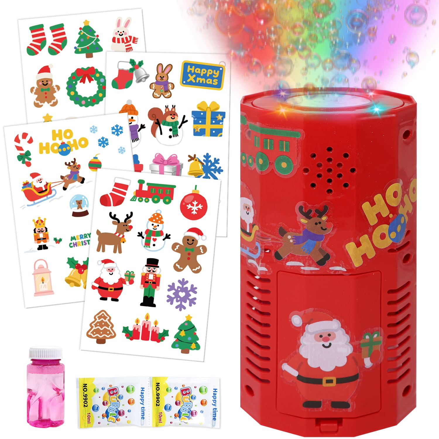 Fireworks Bubble Machine for Christmas, Musical Bubble Blower Machine with Flashing Lights and DIY Stickers, Automatic Bubble Maker for Kids & Adults Festive Fun (Christmas)