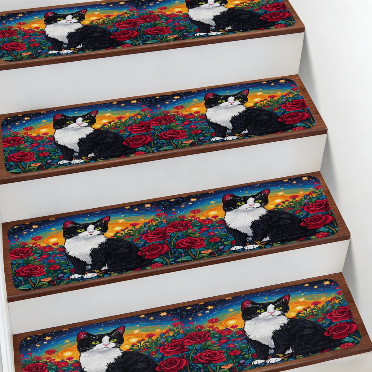 Alfombra para escaleras Mexpekil de 20x76 cm con diseño floral rosa y base antideslizante