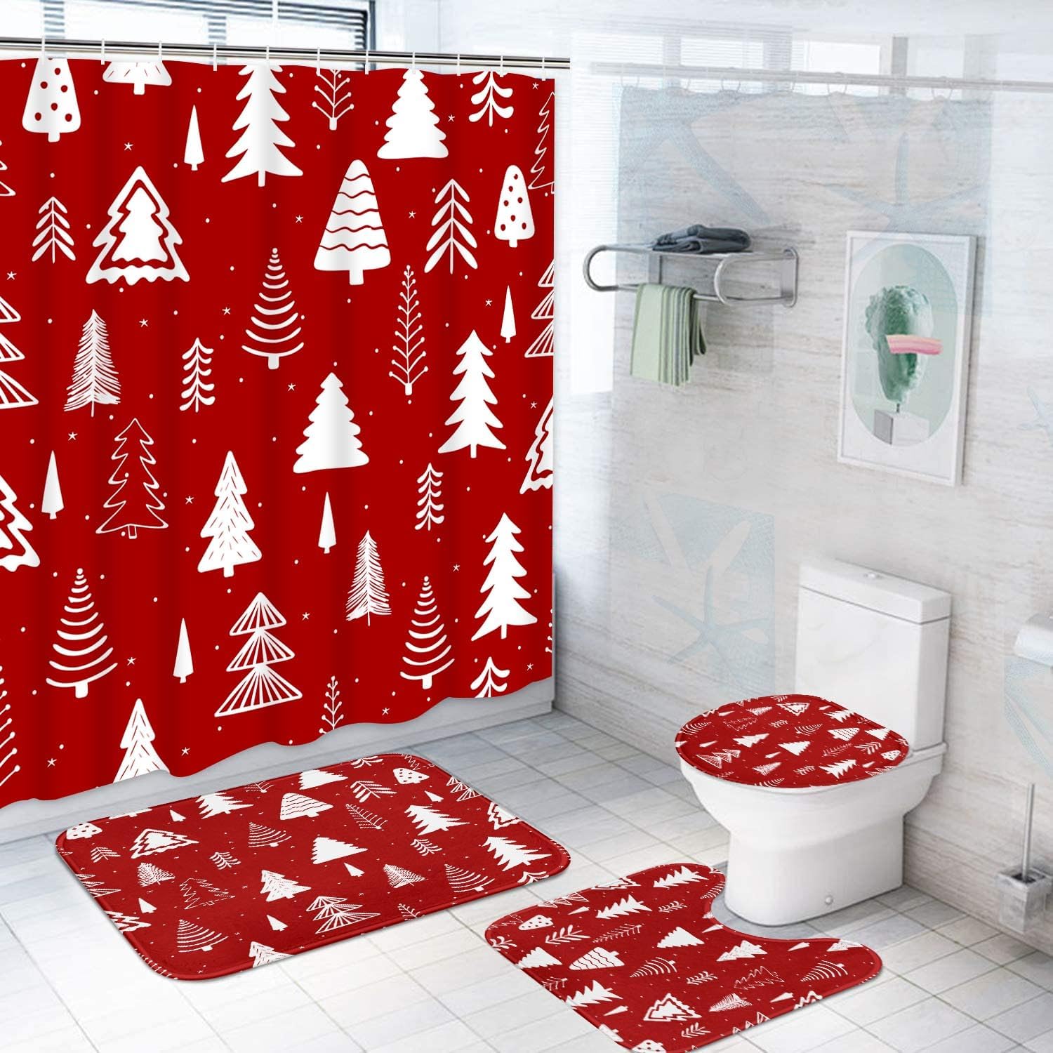 ArtSocket Red Christmas Tree Bathroom Set Shower Curtain