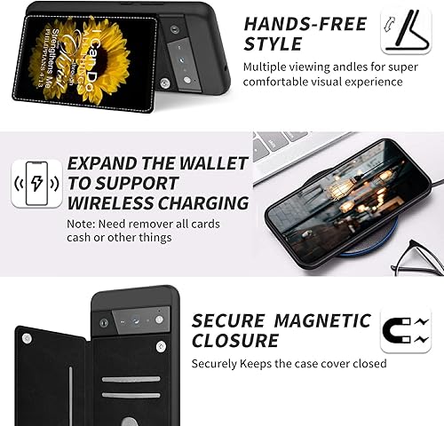 Miniatura 4 de Funda para Google Pixel 6 Pro con ranura para tarjetero, funda de piel sintética, doble cierre magnético y cubierta duradera a prueba de golpes,