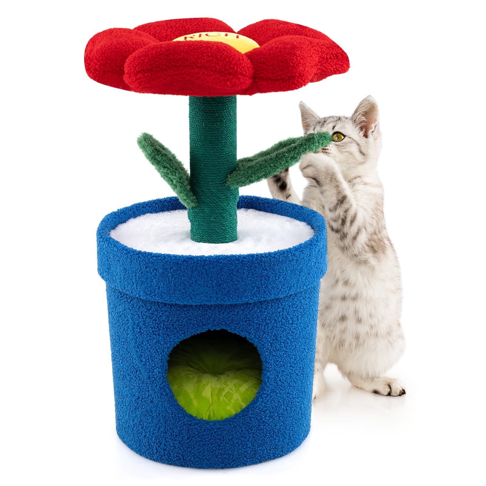 COSTWAY Cat Tree, 72cm Cute Cat Climbing Tower with Flower Padded Perch, Planter Condo, Stem-shaped Scratching Post & Bendable Leaves, Indoor Multi-Level Kitten Activity Center (Red + Blue)