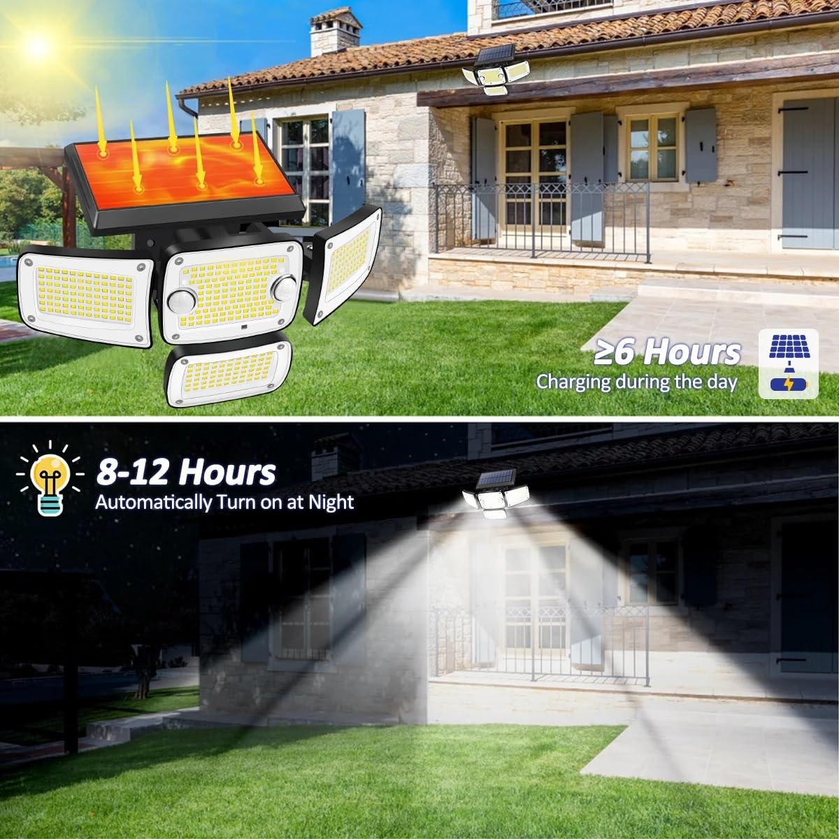 Reflektory zewnętrzne, Solarne lampy zewnętrzne z 4 regulowanymi głowicami IP65 Wodoodporne i 3 tryby 6500 K z pilotem