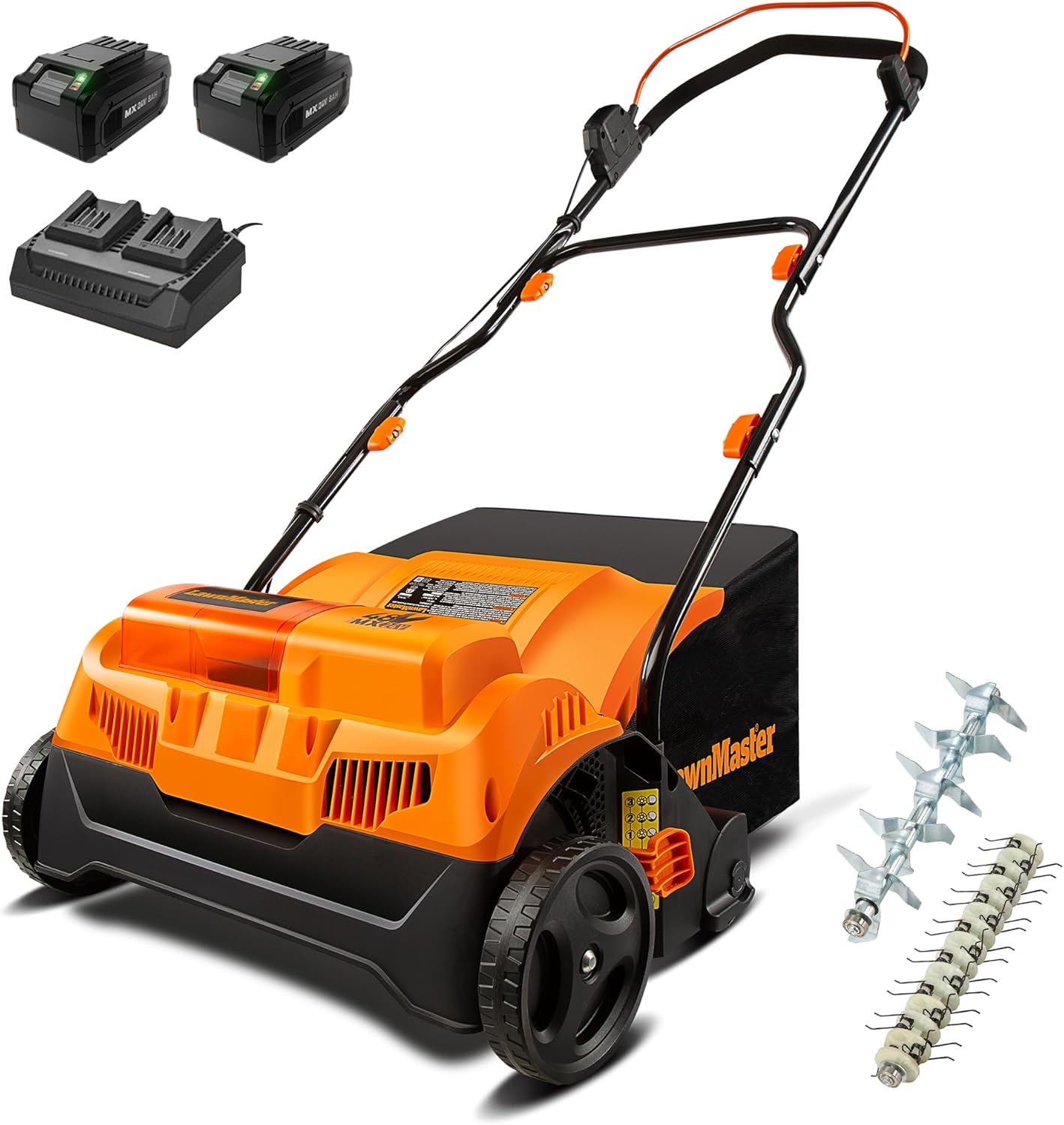 LawnMaster 48V MAX Brushless 16” Cordless Scarifier & Dethatcher with Removable Thatch Collection Bag Quick-Fold – CLGVB4816 Cordless 16-Inch