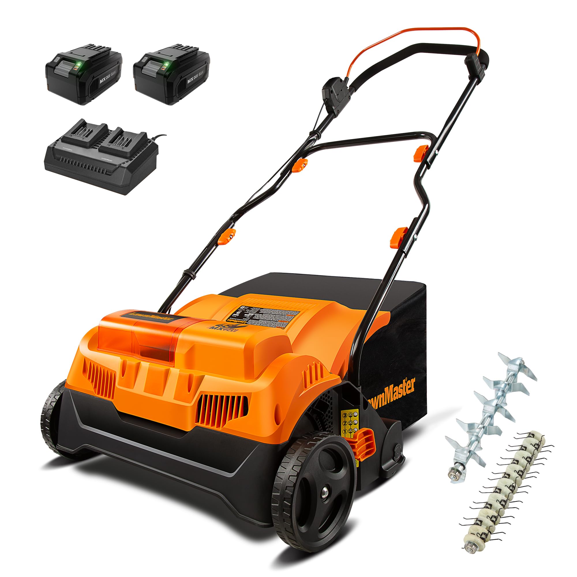 LawnMaster 48V MAX Brushless 16” Cordless Scarifier & Dethatcher with Removable Thatch Collection Bag Quick-Fold – CLGVB4816