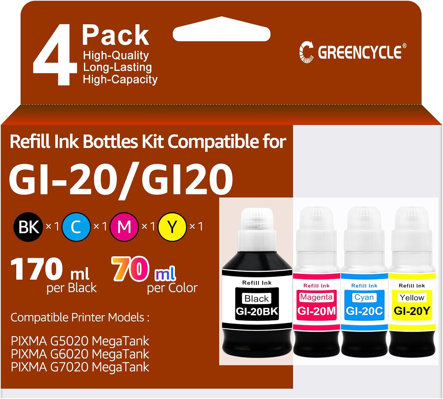 greencycle GI-20 GI20 Refill Ink Bottle Kit 4 Pack Replacement for Canon GI-20 GI20 High Capacity High Yield Black & Color Ink Bottles Combo Pack Work for PIXMA G6020 G7020 G5020 MegaTank Printers