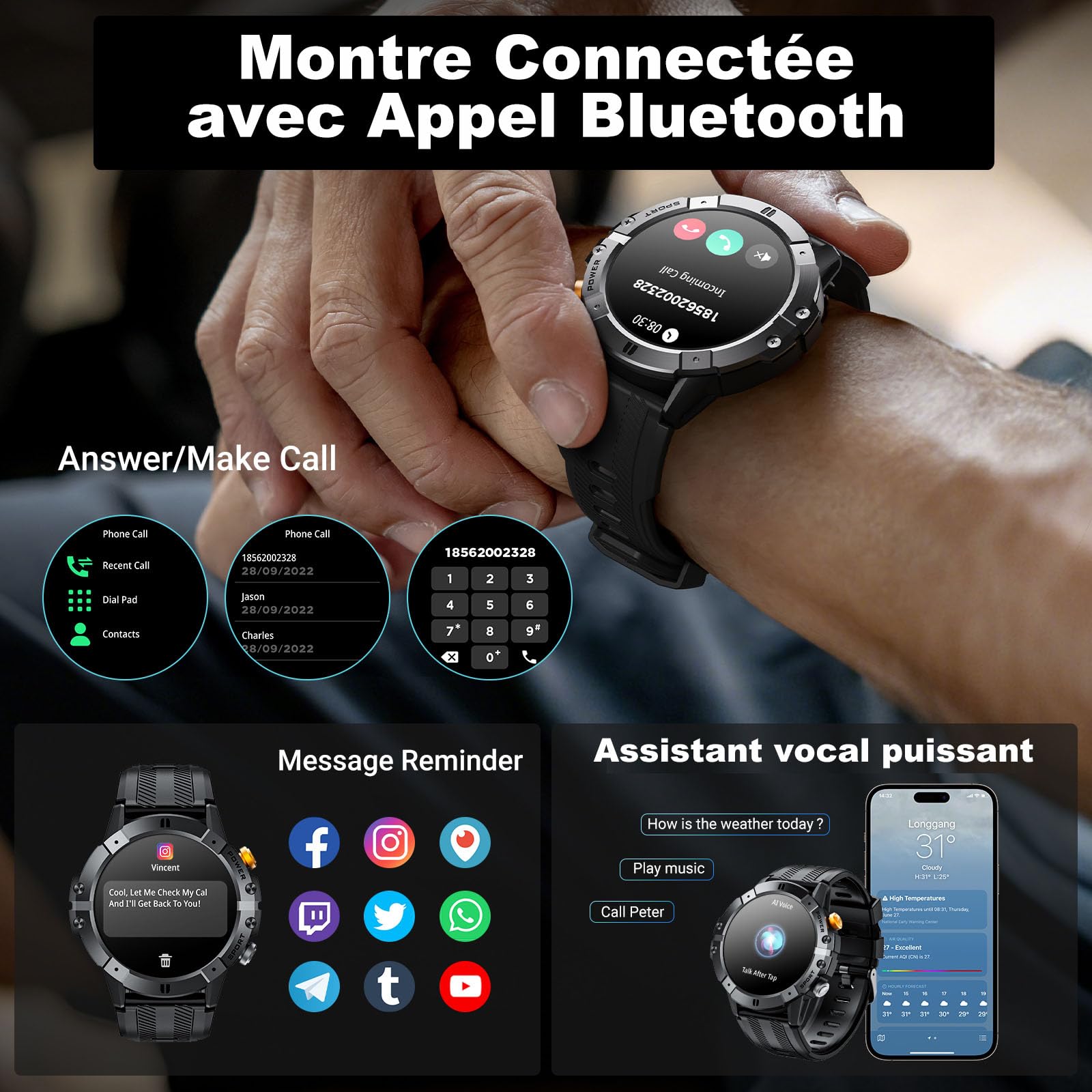 VIRAN Montre Connectée Homme 1.52" Militaire Smartwatch Appel Bluetooth Moniteur Pression Artérielle Fréquence Cardiaque Sommeil IP68 Android iOS Noir