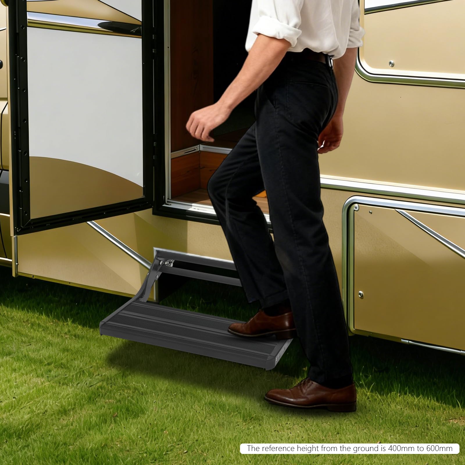 Peldaño para autocaravana hasta 150 kg, negro plegable manual, escalón de una sola etapa para autocaravana, RV, camper, caravana