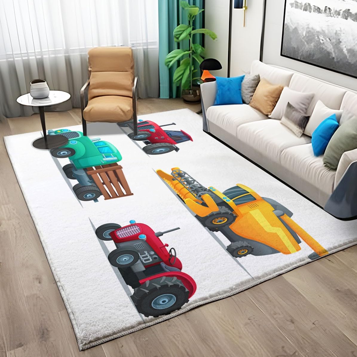 Bianco Tappeto Salotto 80 x 150cm Veicolo da costruzione dei cartoni animati Tappeti Camera da Letto, Rug Cucina Antiscivolo Lavabile per Tavolino da Salotto, Bagno, Tappeto Bambini Cameretta