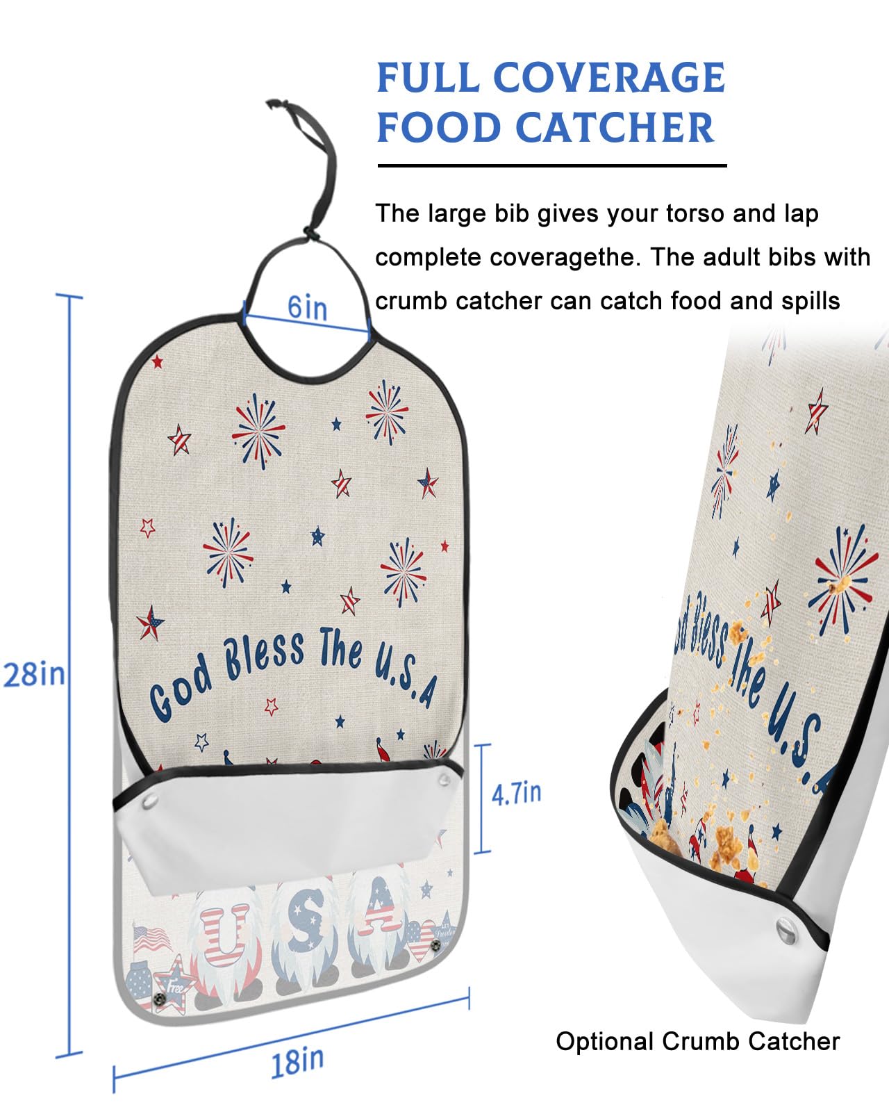 Kewadony Adult Bibs for Elderly Women - 4th of July USA Gnomes Waterproof Dining Clothing Protectors with Crumb Catcher for Eating/Feeding, Independence Day American Flag Terry Cloth Bib Washable
